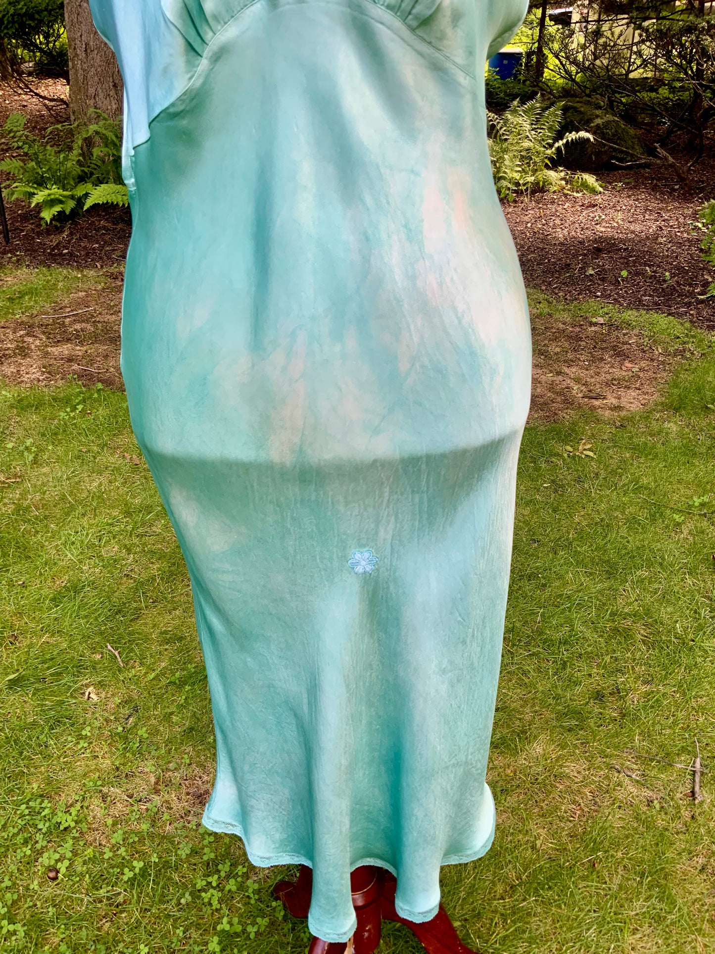 1930s Hand-Dyed Aqua Satin Slip Dress. Embroidered Bias Cut Slip with Sash.40CB