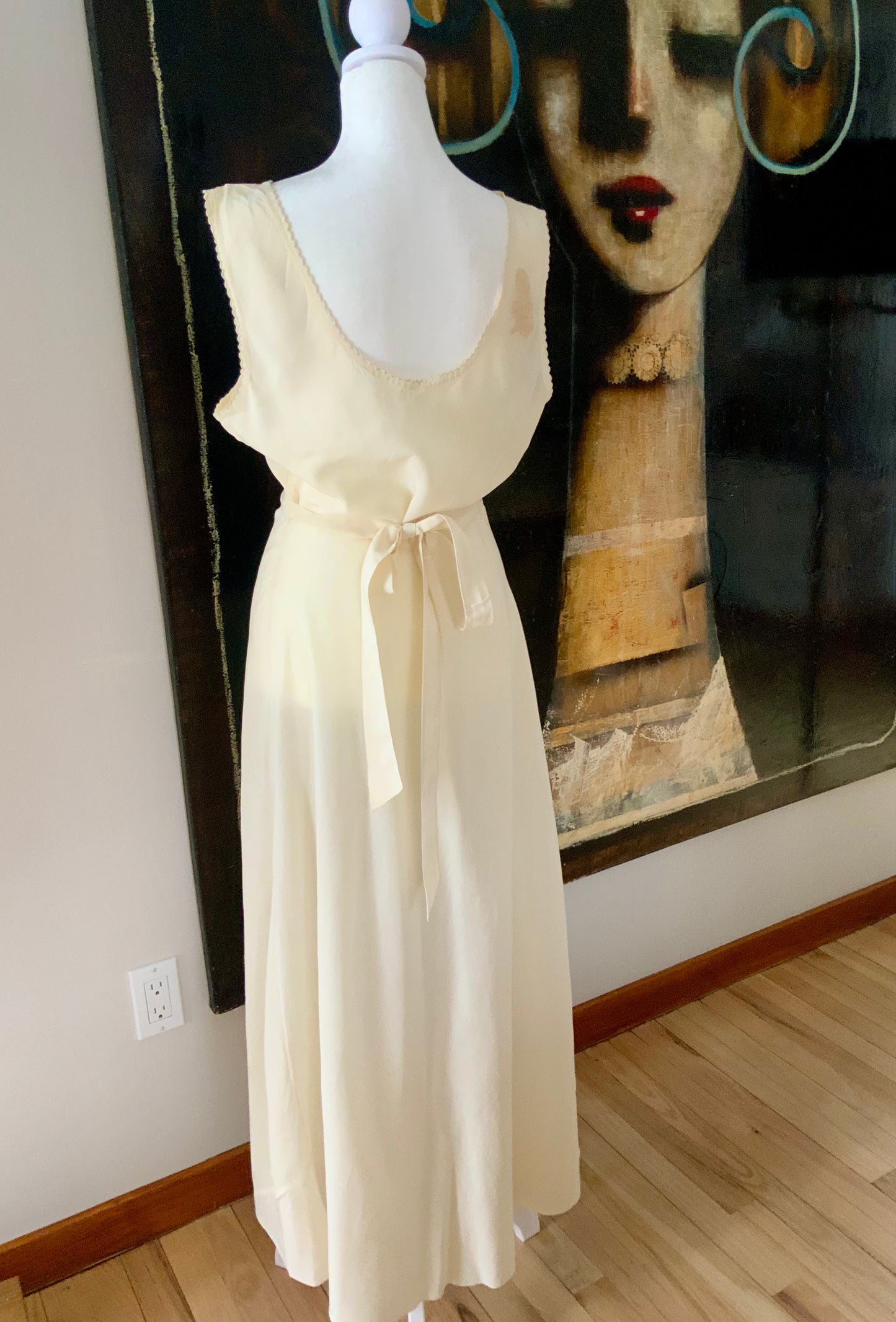 Antique 1930s–40s Pure Silk Nightgown — Ivory Bias Cut Slip Dress with Pintucks & Embroidery-40AT