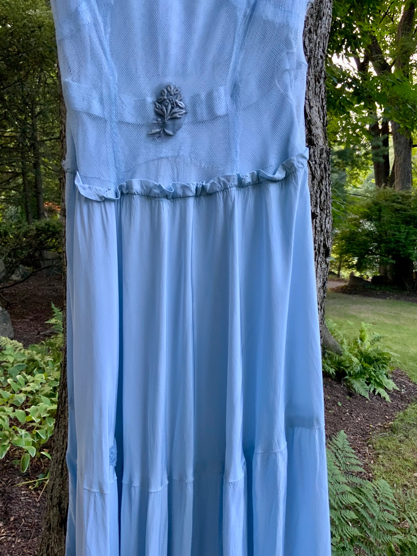 Rare 1930s Powder Blue Tulle & Satin Evening Gown | Bias Cut Skirt | XXS.40BQ