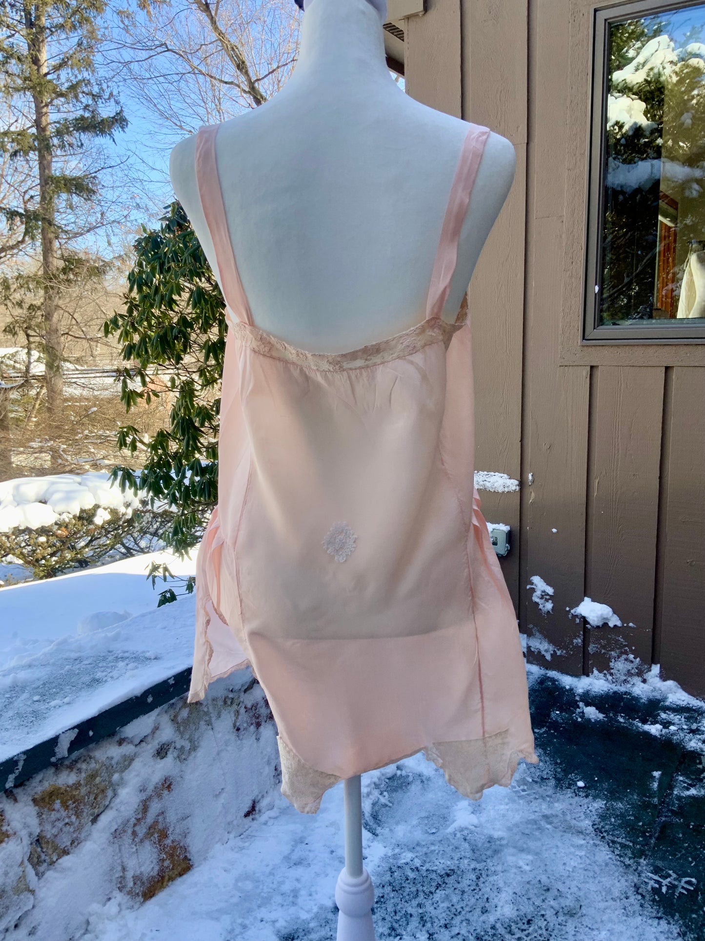 1920s–30s Blush Silk Teddy (Camiknicker) — Pure Silk Boudoir One-Piece with Lace Appliqué-20AL