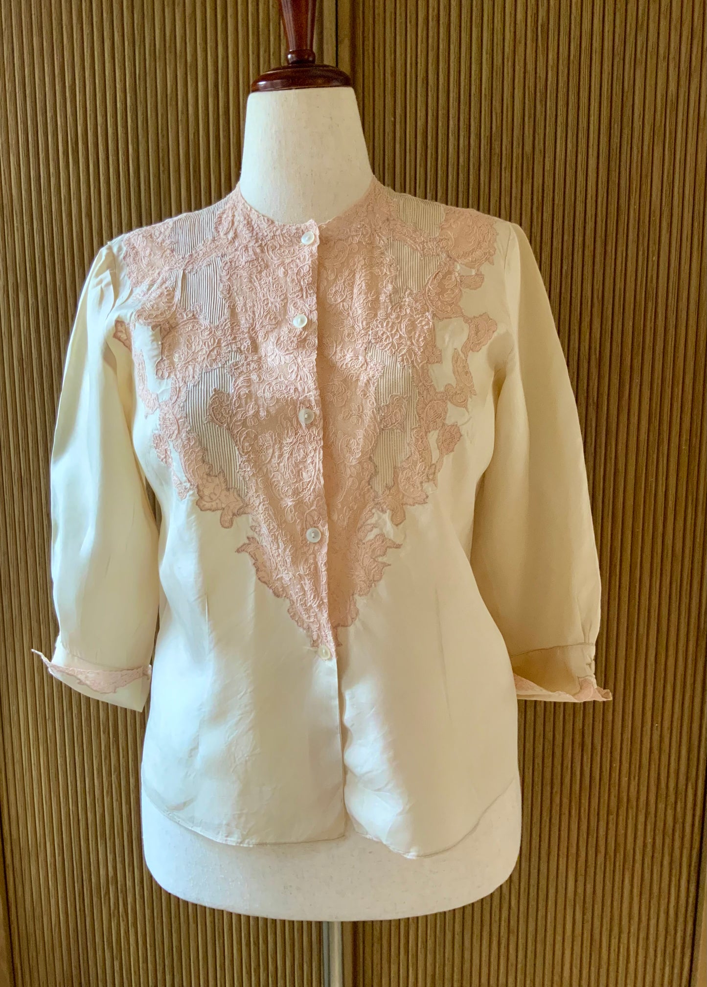 1930s Silk Blouse with Blush Lace Appliqué – Sheer Antique Chiffon Top, Romantic Lingerie Style, Bridal Boudoir Vintage-30BG