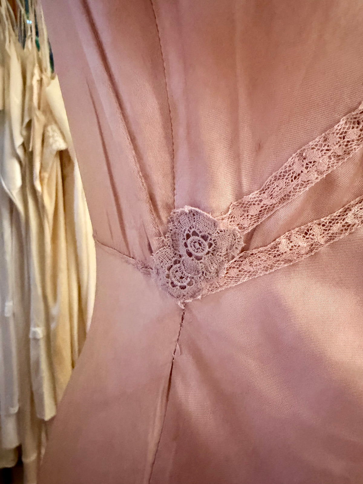 1930s Hand Dyed Dusty Lilac Satin & Floral Lace Bias-Cut Nightgown.40CE