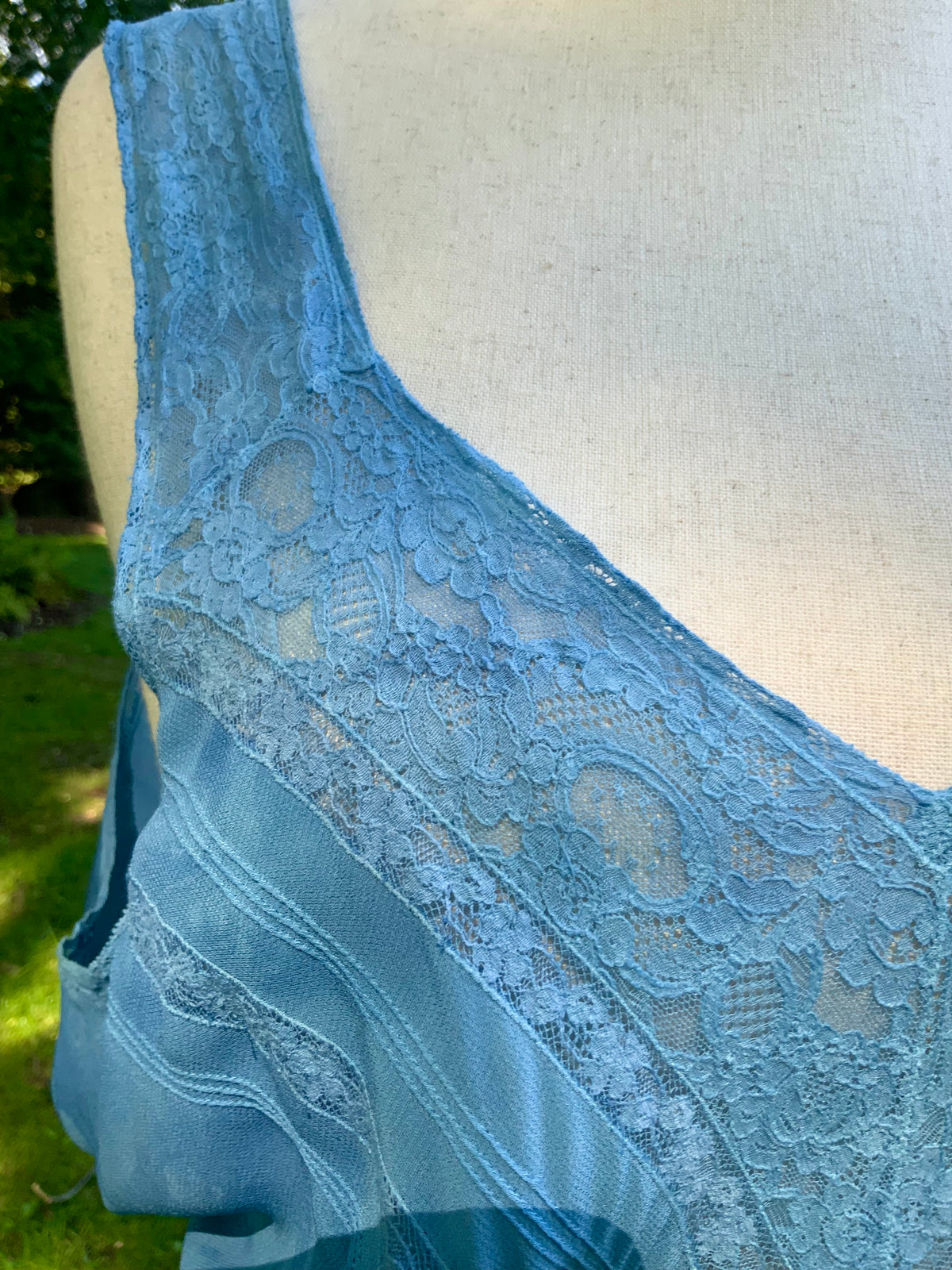 1930s Hand Dyed Blue Bias Cut Satin Nightgown with Lace.40BZ