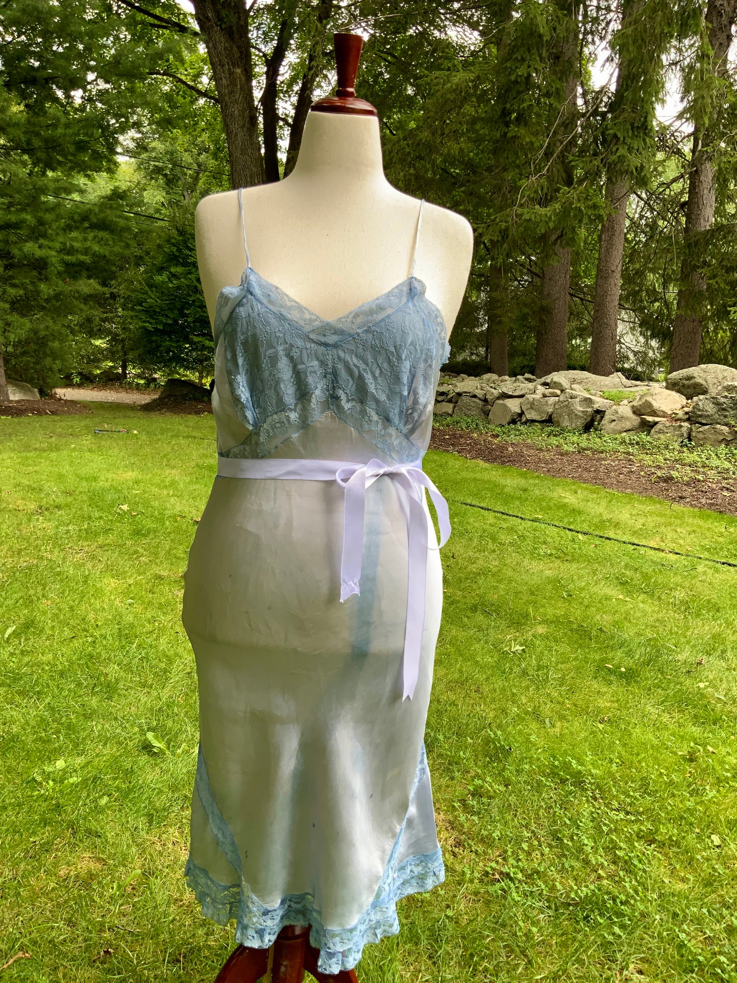 1930s Hand-Dyed Ice Blue Satin and Lace Bias-Cut Full Slip.50BA