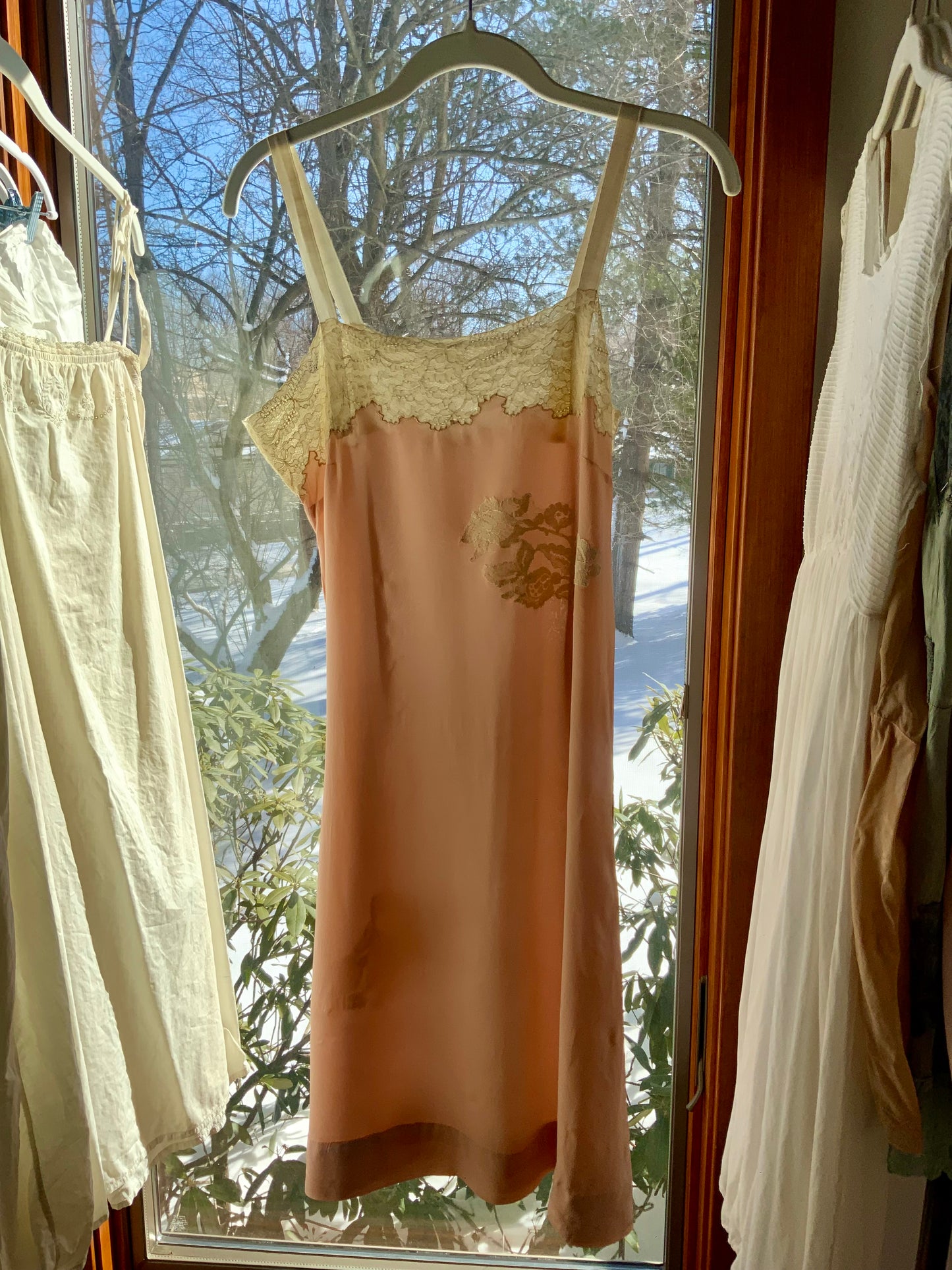 1940s Peach Silk Slip Dress with Antique Lace Appliqué — Pure Silk Boudoir Nightgown-40AU