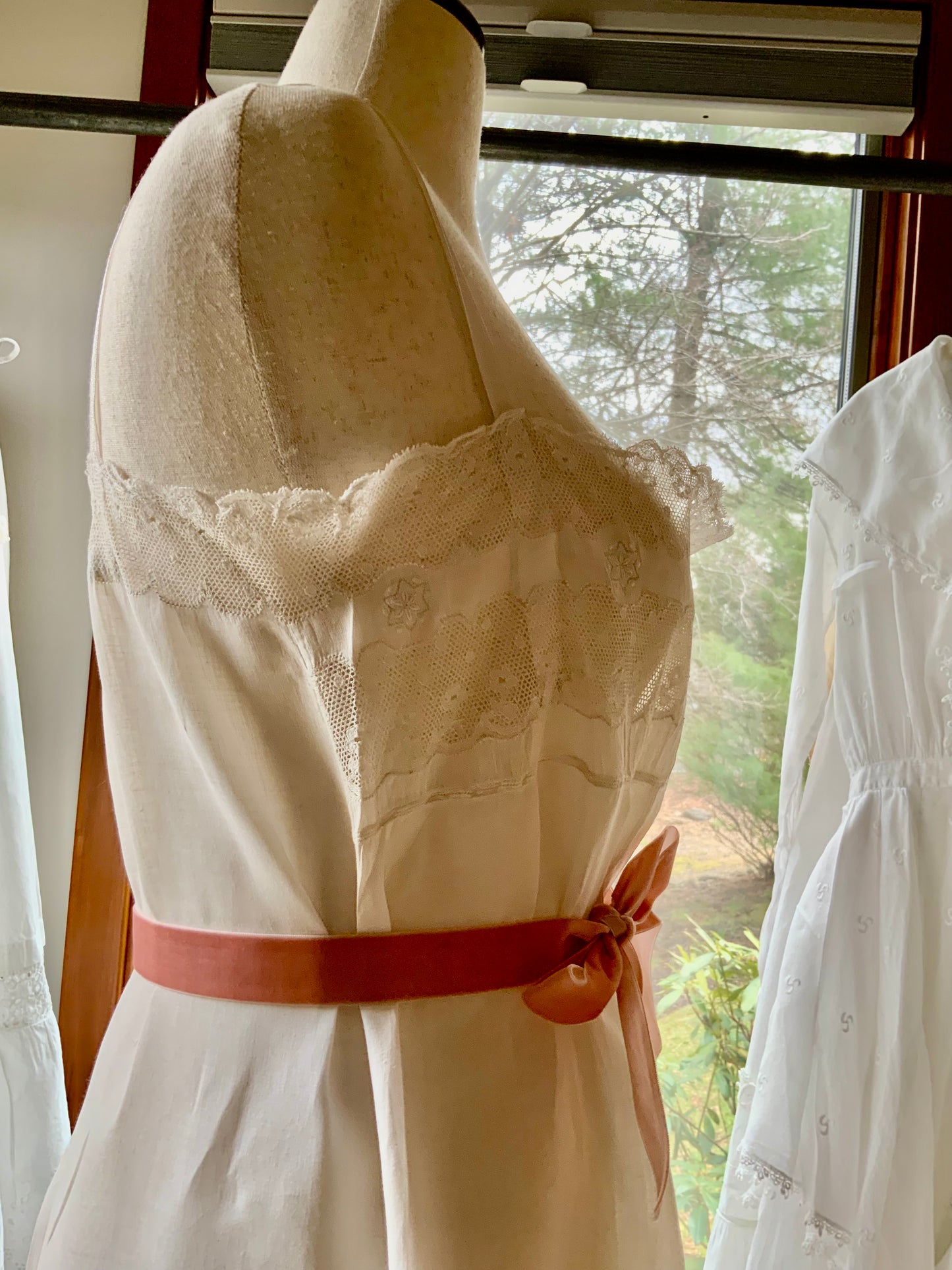 Antique 1910s Cotton Batiste Lingerie Dress with Lace Insertion & Hand Embroidery-ED74