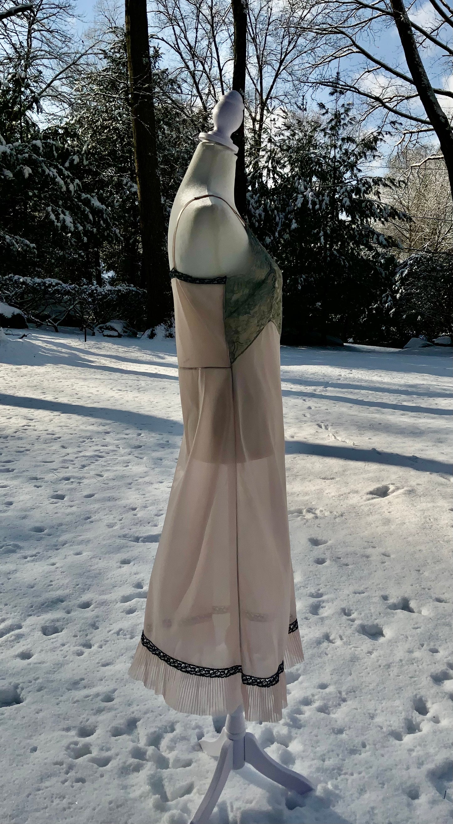 Late 1930s Myra Joy Nylon Slip Dress with Sage Lace Bodice | Art Deco Lingerie Gown-30BB
