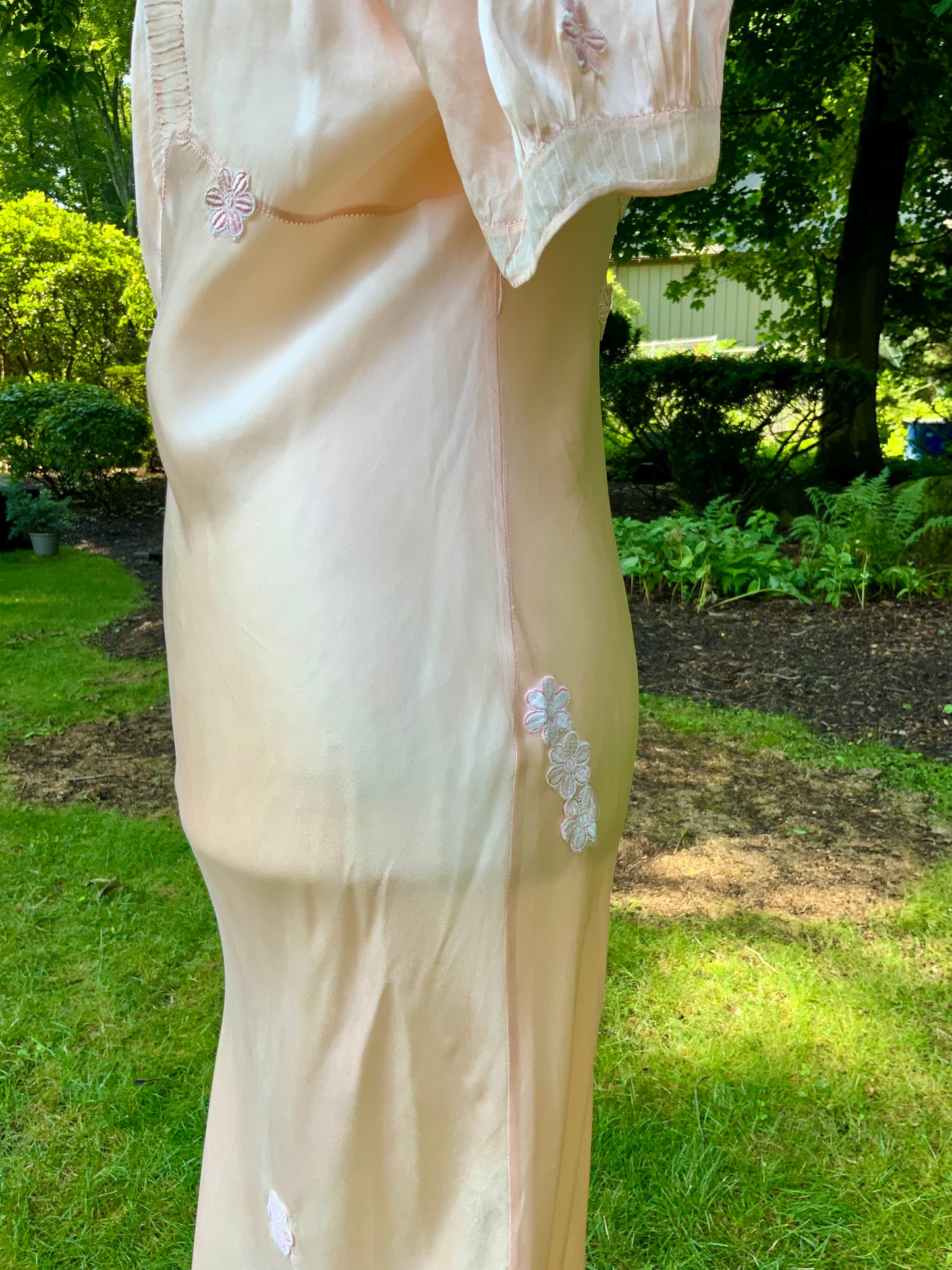 Rare Late 1930s Peach Silk Evening Gown. Pleated Bodice. Bias Cut. Restored Floral Details.30CY
