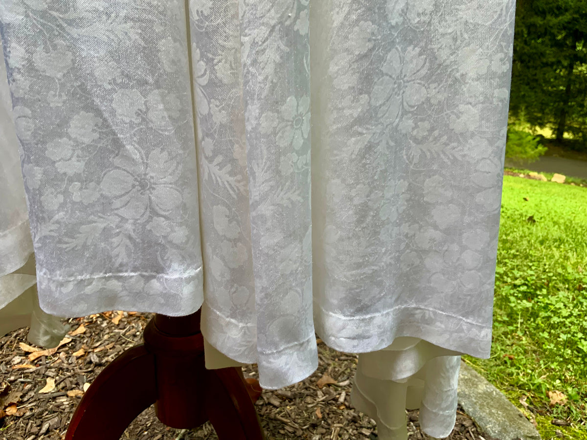 Vintage 1960s 1970s White Floral Jacquard Satin Robe with Pearl Buttons and Lace Appliqués.60R