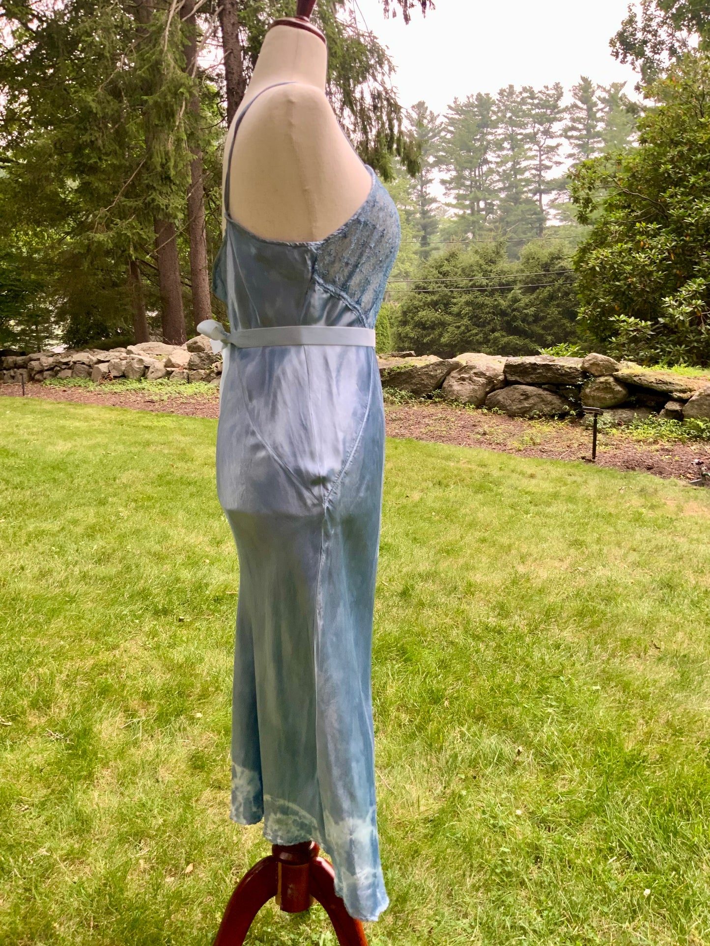 1930s early 40s Hand Dyed Blue Satin Slip Dress | Embroidered Sheer Bodice | Bias Cut Vintage Inspired Lingerie Dress | One of a Kind-40BH