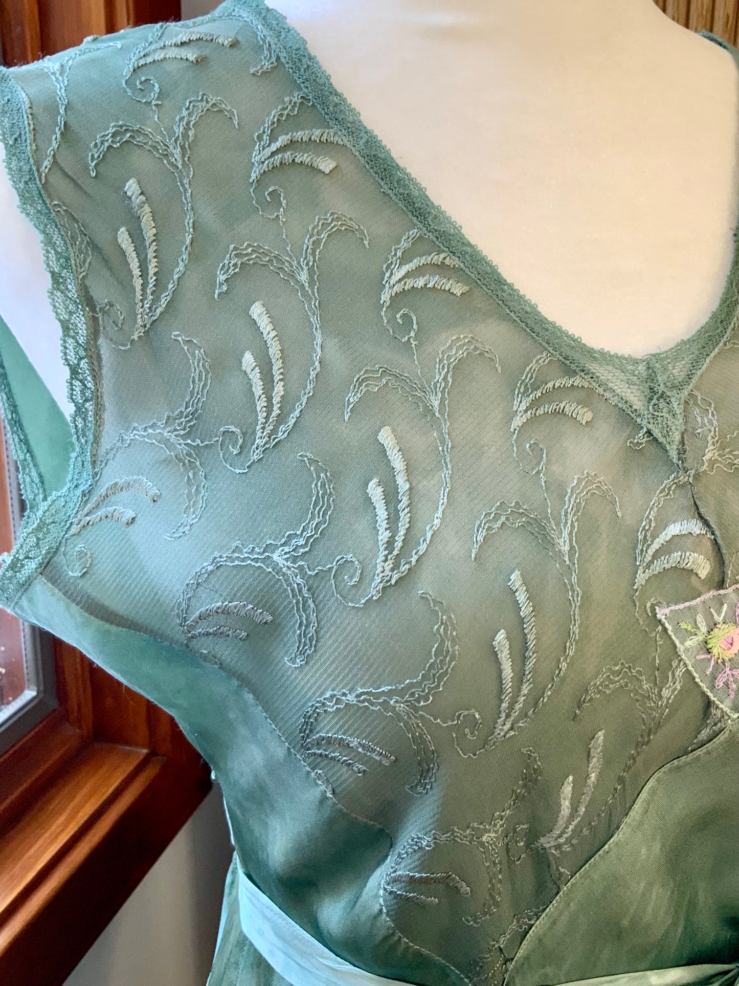 Hand Dyed Antique Satin & Chiffon Nightgown | Restored Vintage Lingerie Dress | 1930s Bias Cut Green Silk Satin Slip
- 40AD