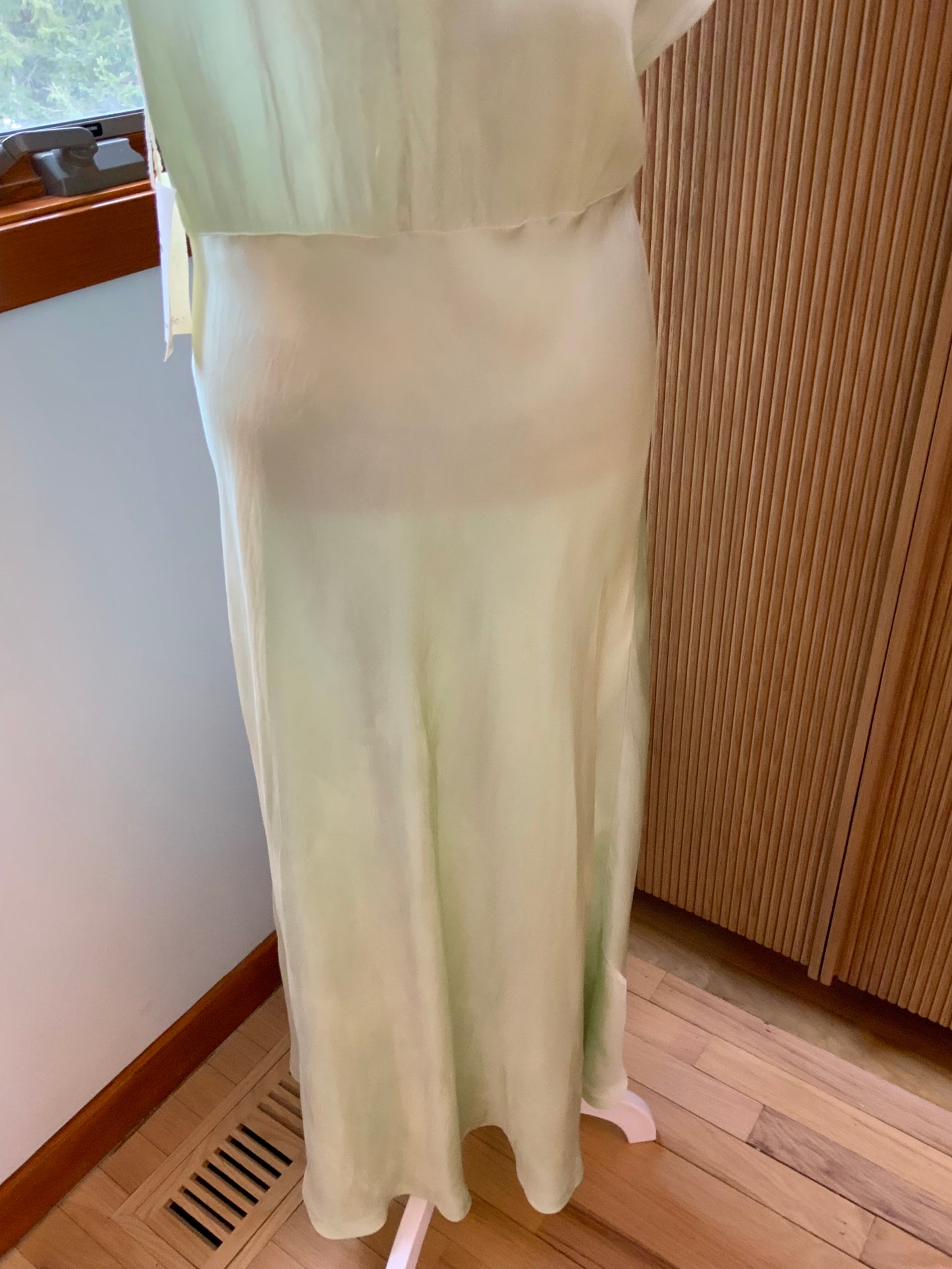 1930s Silk Satin Bias Cut Gown – Hand Dyed Celadon Mint – Vintage Lace Evening Slip Dress
40U