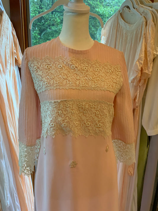 1970s Pink Lace Hostess Gown with Sheer Sleeves - 70BC