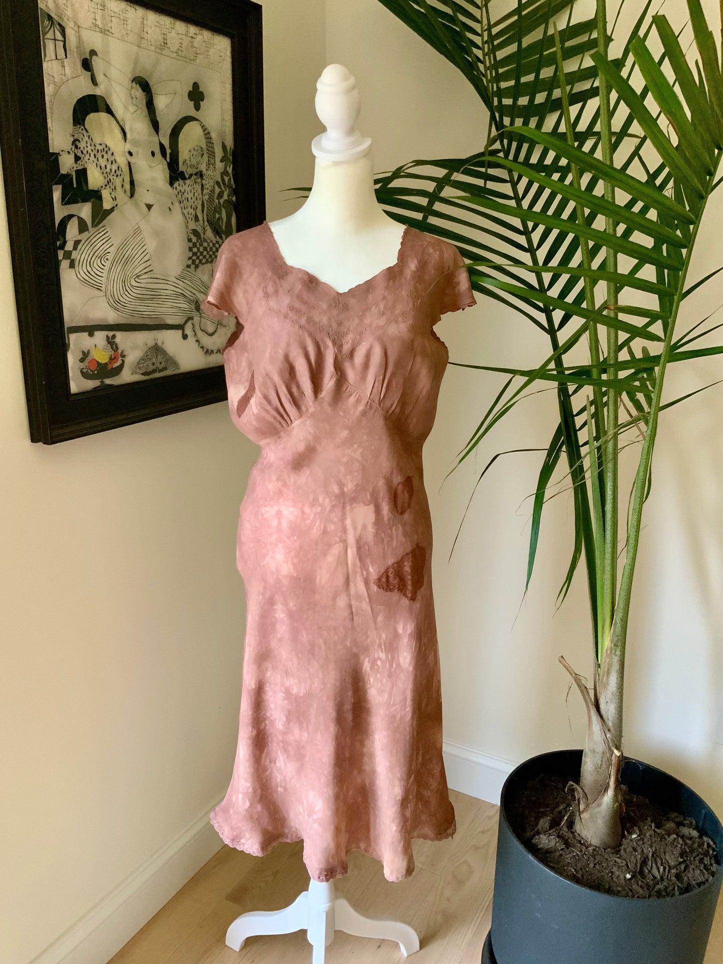 1930s Hand Dyed Silk Dress | Artistically Restored Vintage Lace Appliqué Dress-30DE
