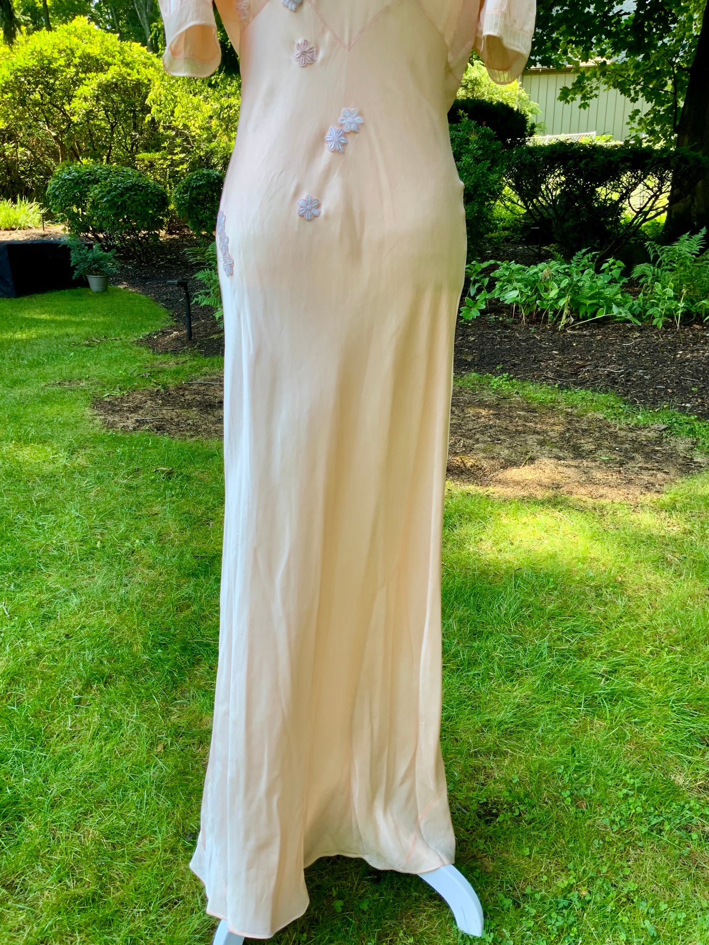 Rare Late 1930s Peach Silk Evening Gown. Pleated Bodice. Bias Cut. Restored Floral Details.30CY