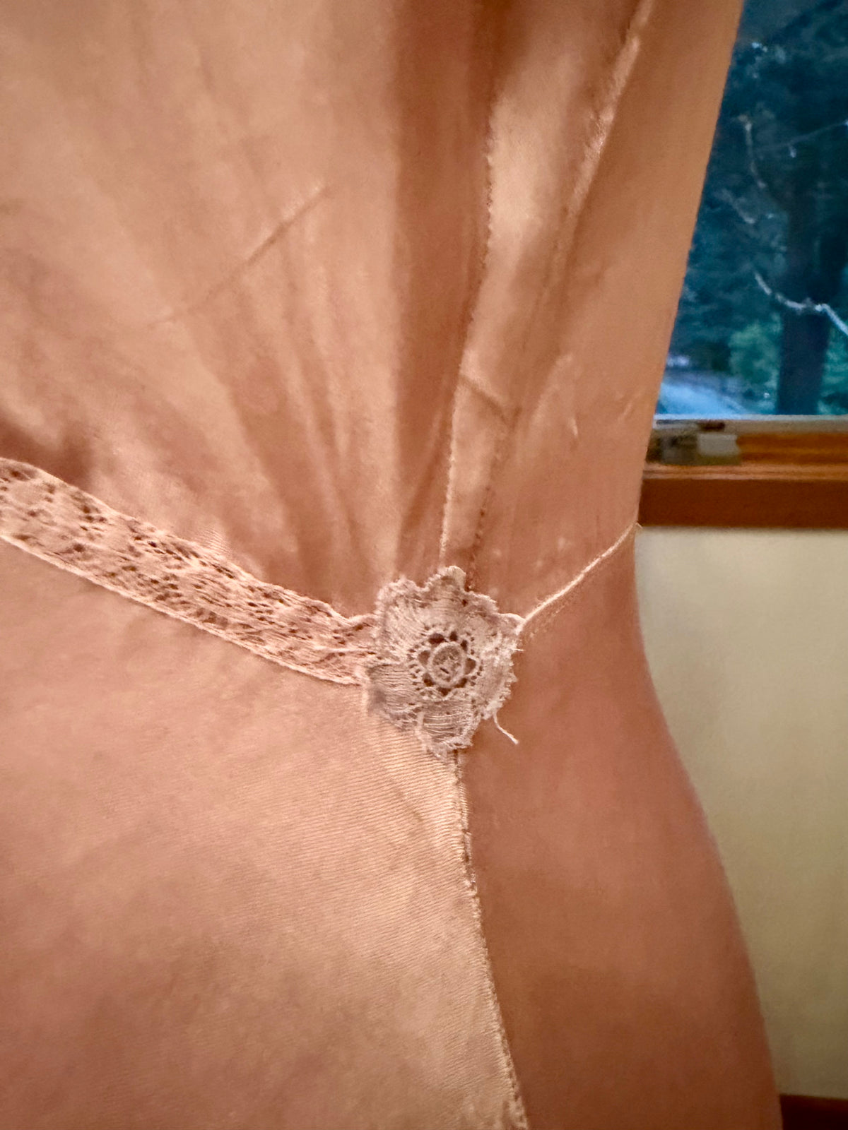 1930s Hand Dyed Dusty Lilac Satin & Floral Lace Bias-Cut Nightgown.40CE