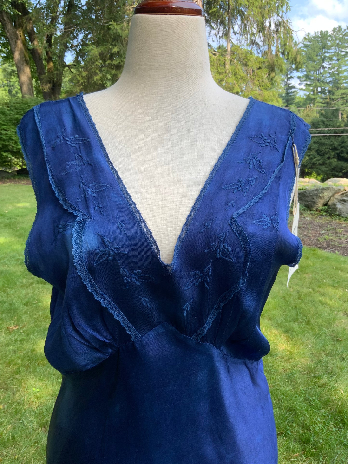 1930s Hand-Dyed Indigo Silk Slip Dress with Batik Resist Dye | OOAK
-40BN