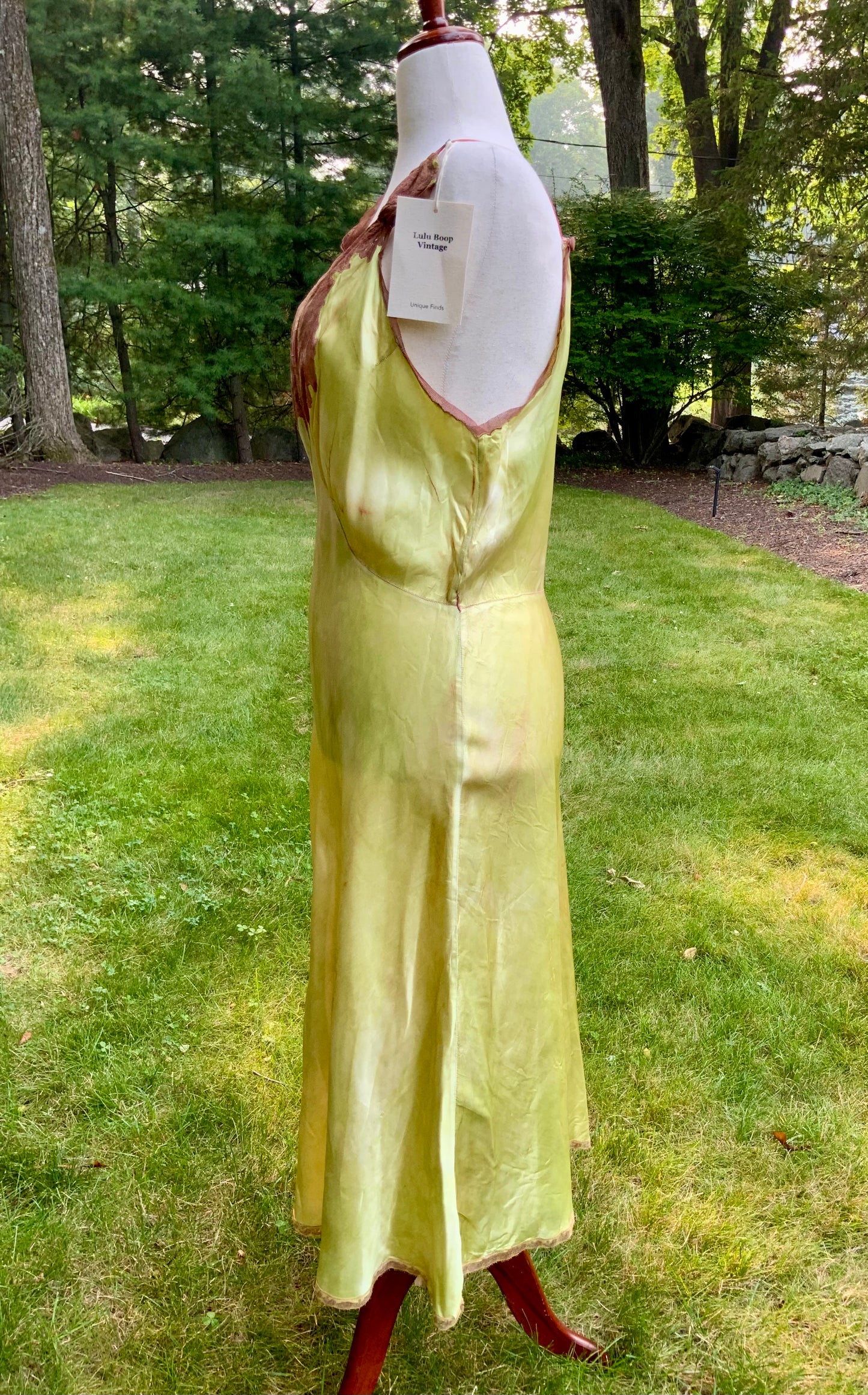1930s Hand Dyed     Botanical Inspired Hand Dyed Silk Slip Dress. One of a Kind Woodland Fairy Bias Cut Gown.30BZ