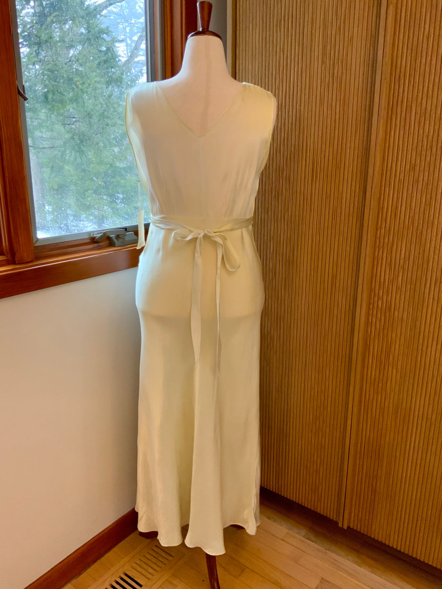 1970s Hand Dyed Bias Cut Satin Gown | 1940s Inspired Lace Bodice Maxi Dress | Pale Celadon Vintage Slip Dress- 40V