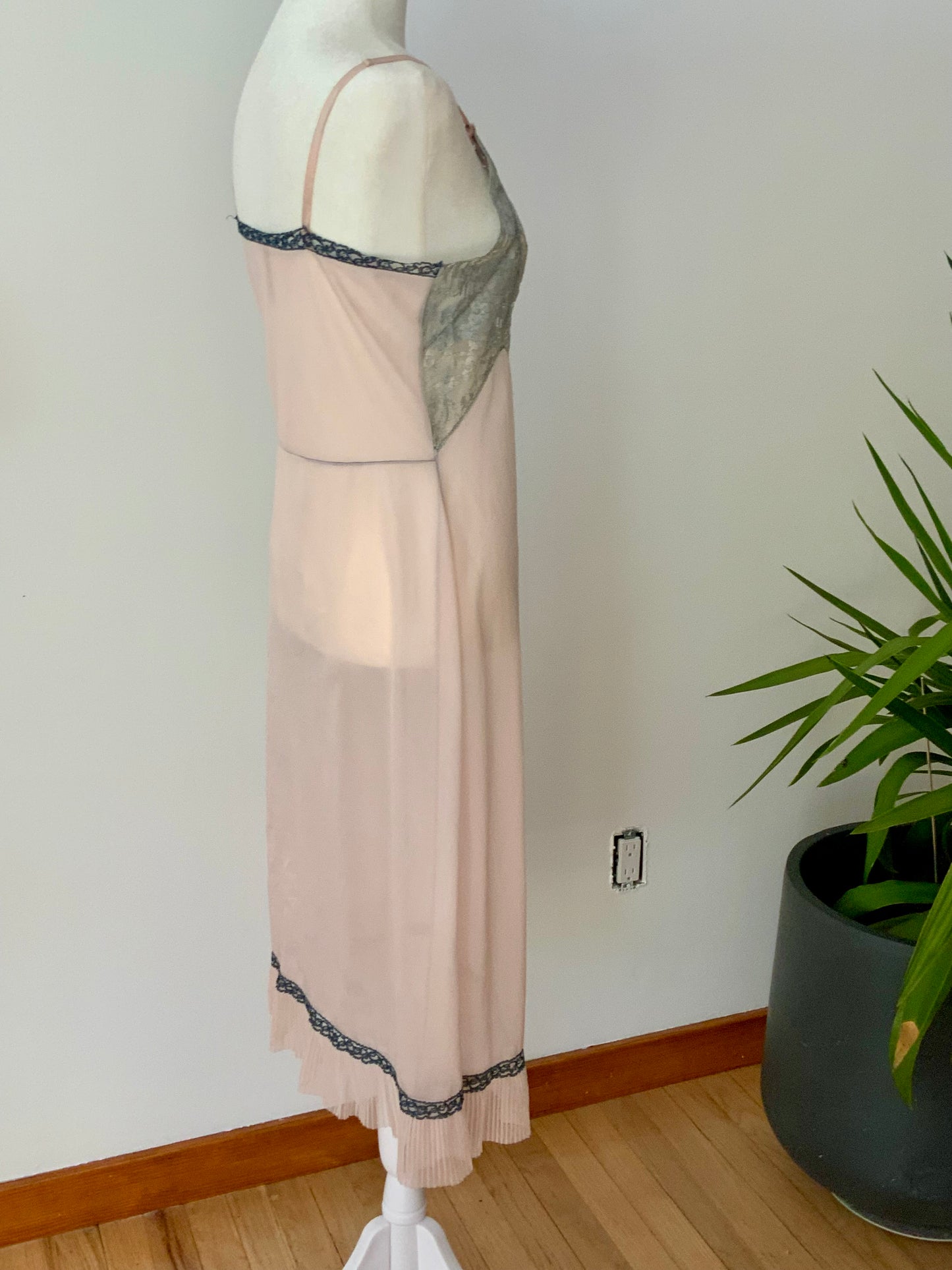 Late 1930s Myra Joy Nylon Slip Dress with Sage Lace Bodice | Art Deco Lingerie Gown-30BB
