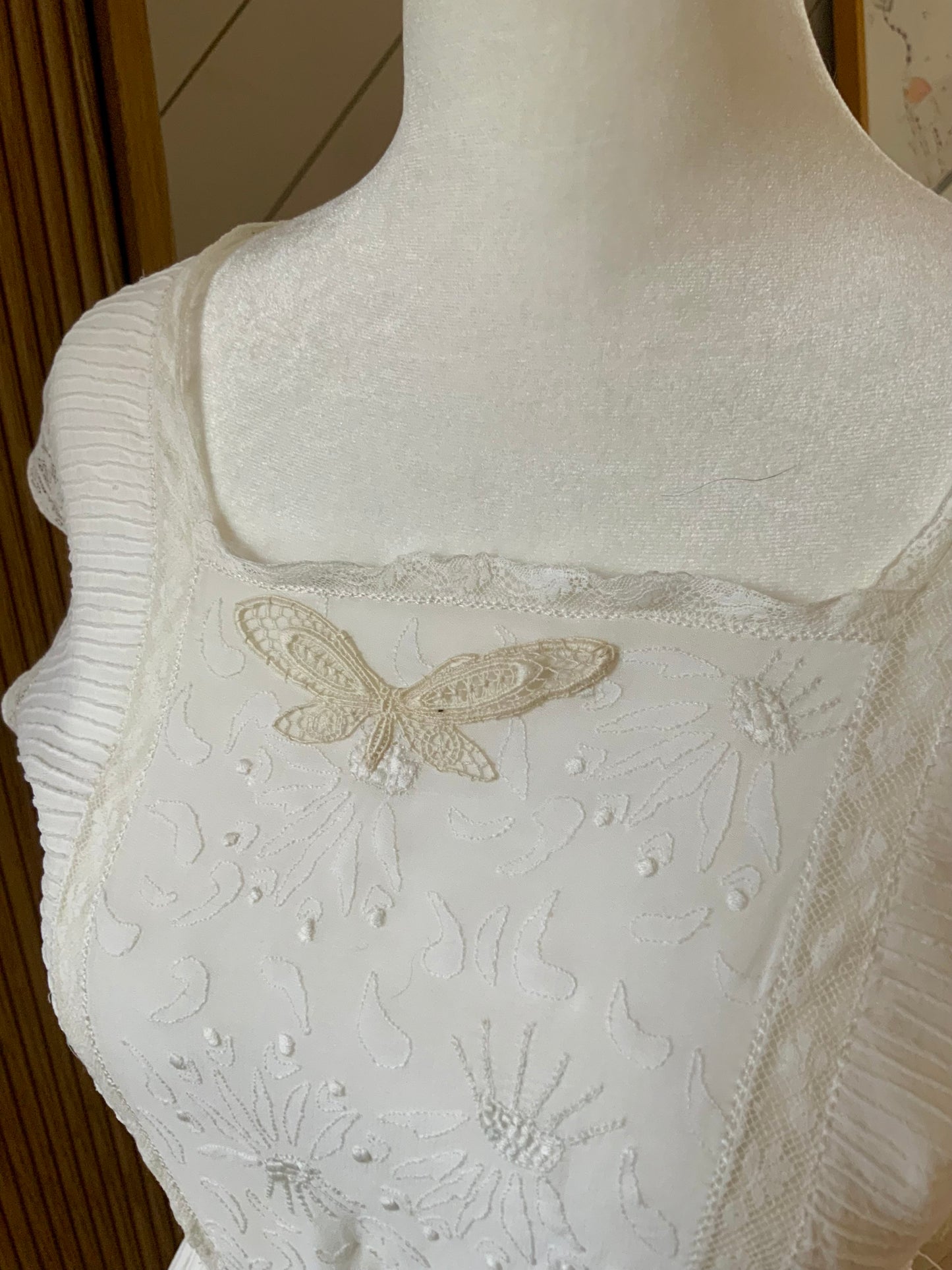 1930s Chiffon Lingerie Dress — Antique Ivory Embroidered Boudoir Gown with Butterfly Motif-30BE