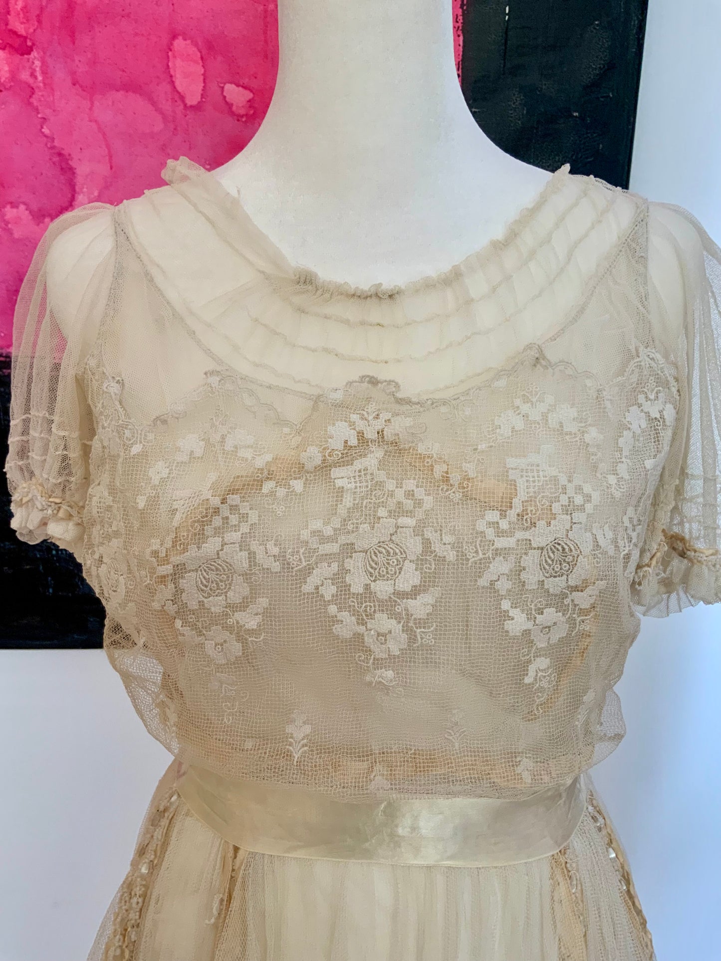 Antique Tulle Dress -Filet Lace – Early 1900s – ED40