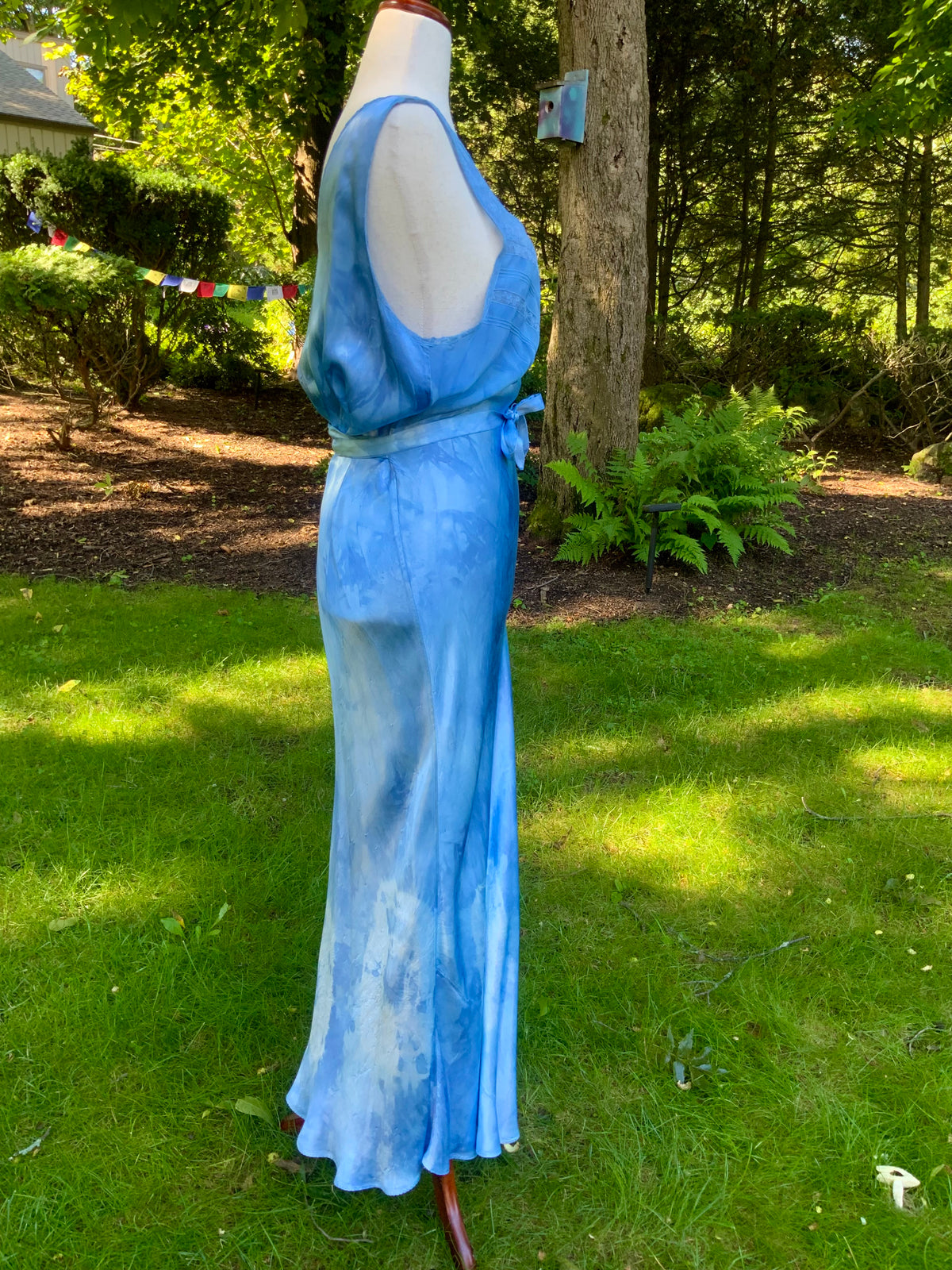 1930s Hand Dyed Blue Bias Cut Satin Nightgown with Lace.40BZ