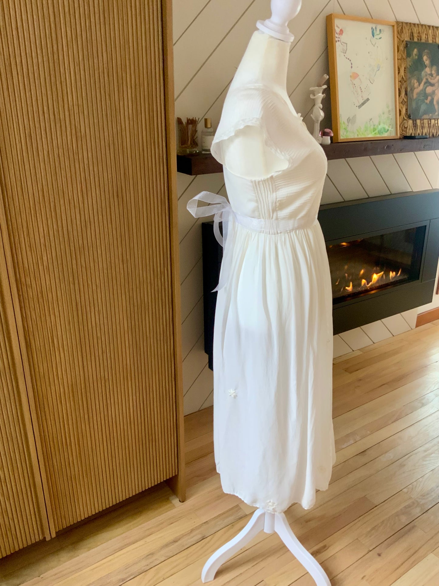 1930s Chiffon Lingerie Dress — Antique Ivory Embroidered Boudoir Gown with Butterfly Motif-30BE