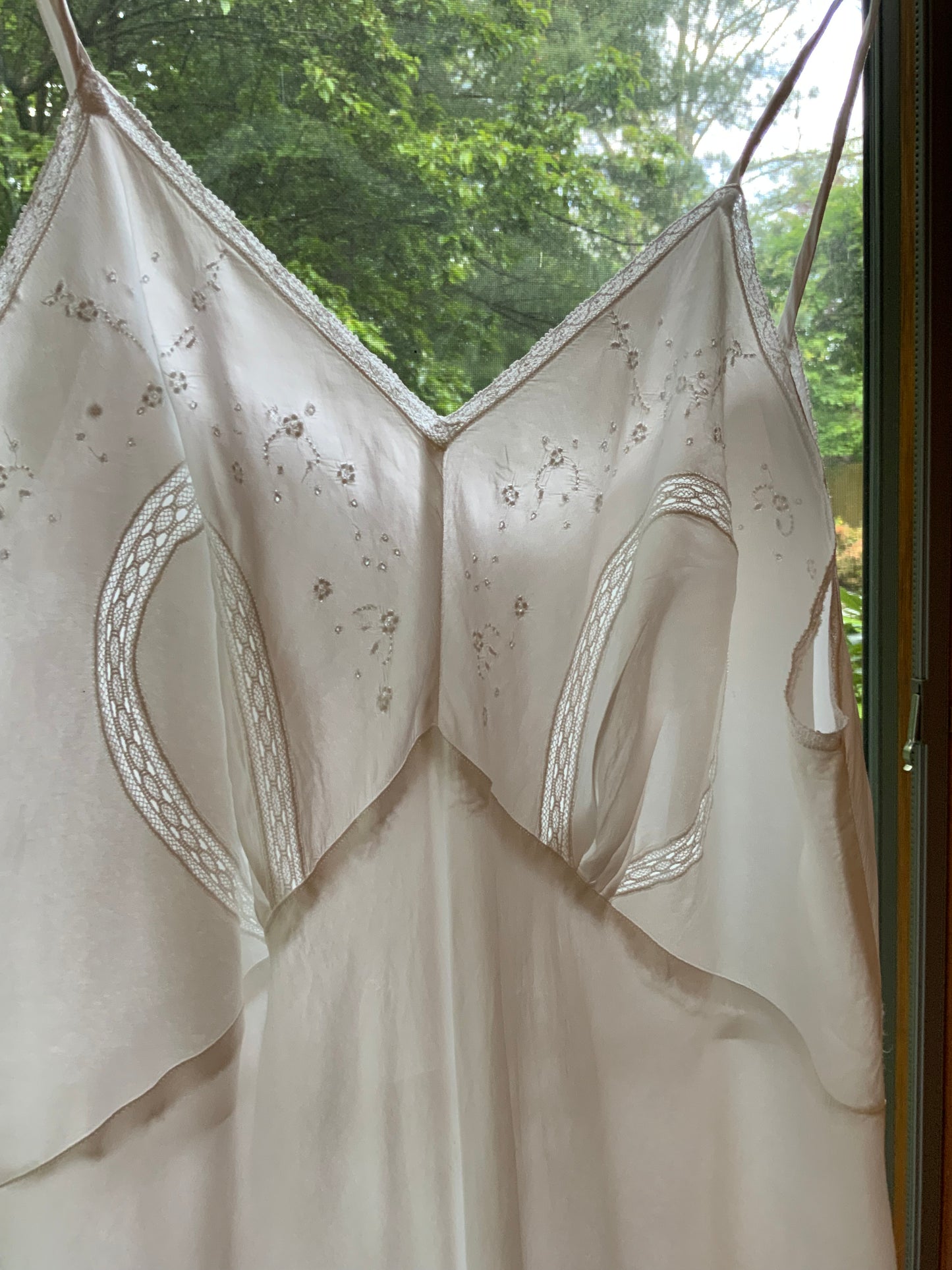 1930s White Satin Nightgown. Embroidered Bias Cut Slip Dress. Bridal Lingerie Gown .30CQ