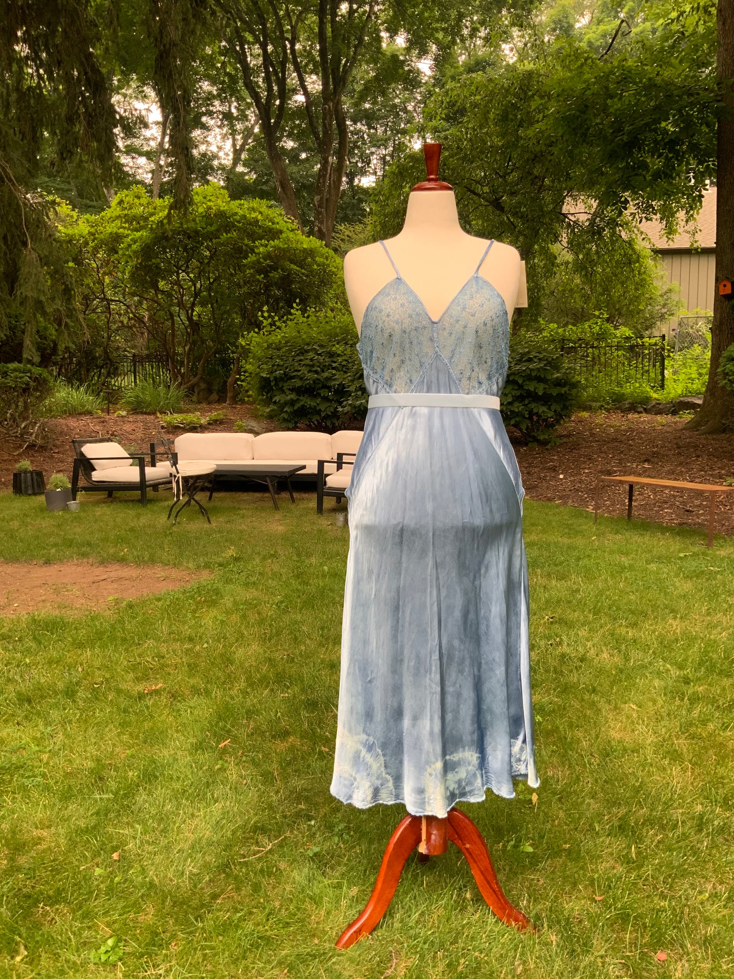 1930s early 40s Hand Dyed Blue Satin Slip Dress | Embroidered Sheer Bodice | Bias Cut Vintage Inspired Lingerie Dress | One of a Kind-40BH