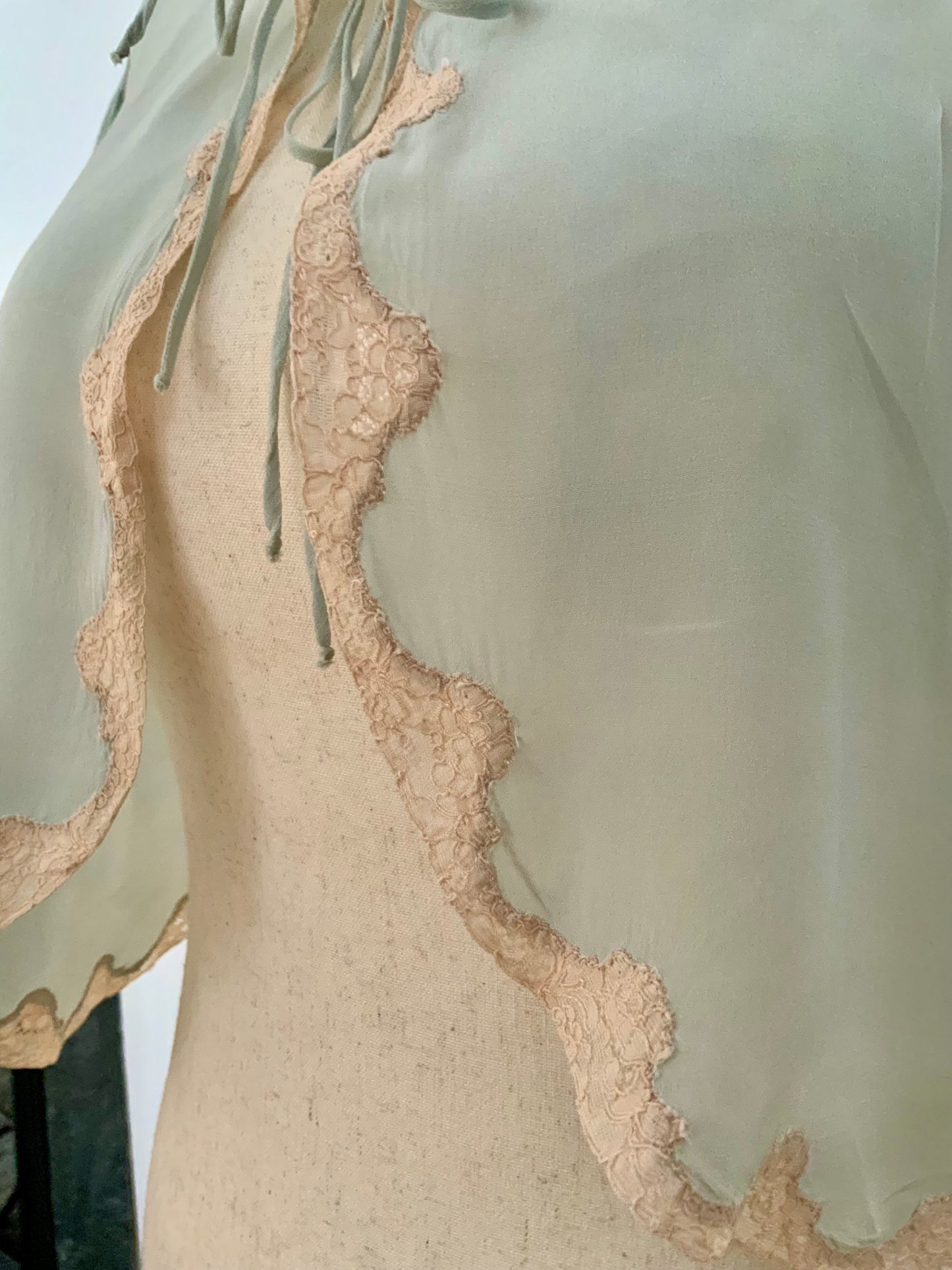 1930s Seafoam Silk Chiffon Bed Jacket with Blush Lace | Antique Boudoir Blouse-30BC