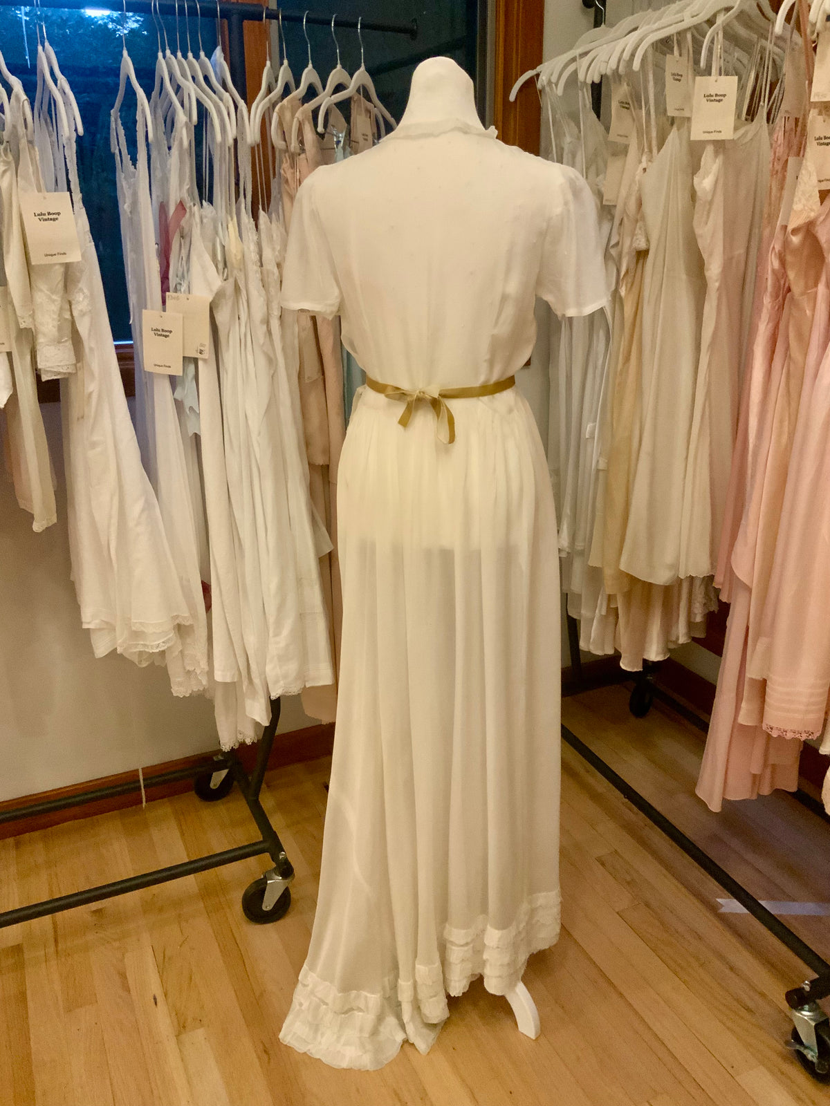 Antique Ivory Chiffon Gown with Ruffled Hem and Lace Appliqué.20ARR