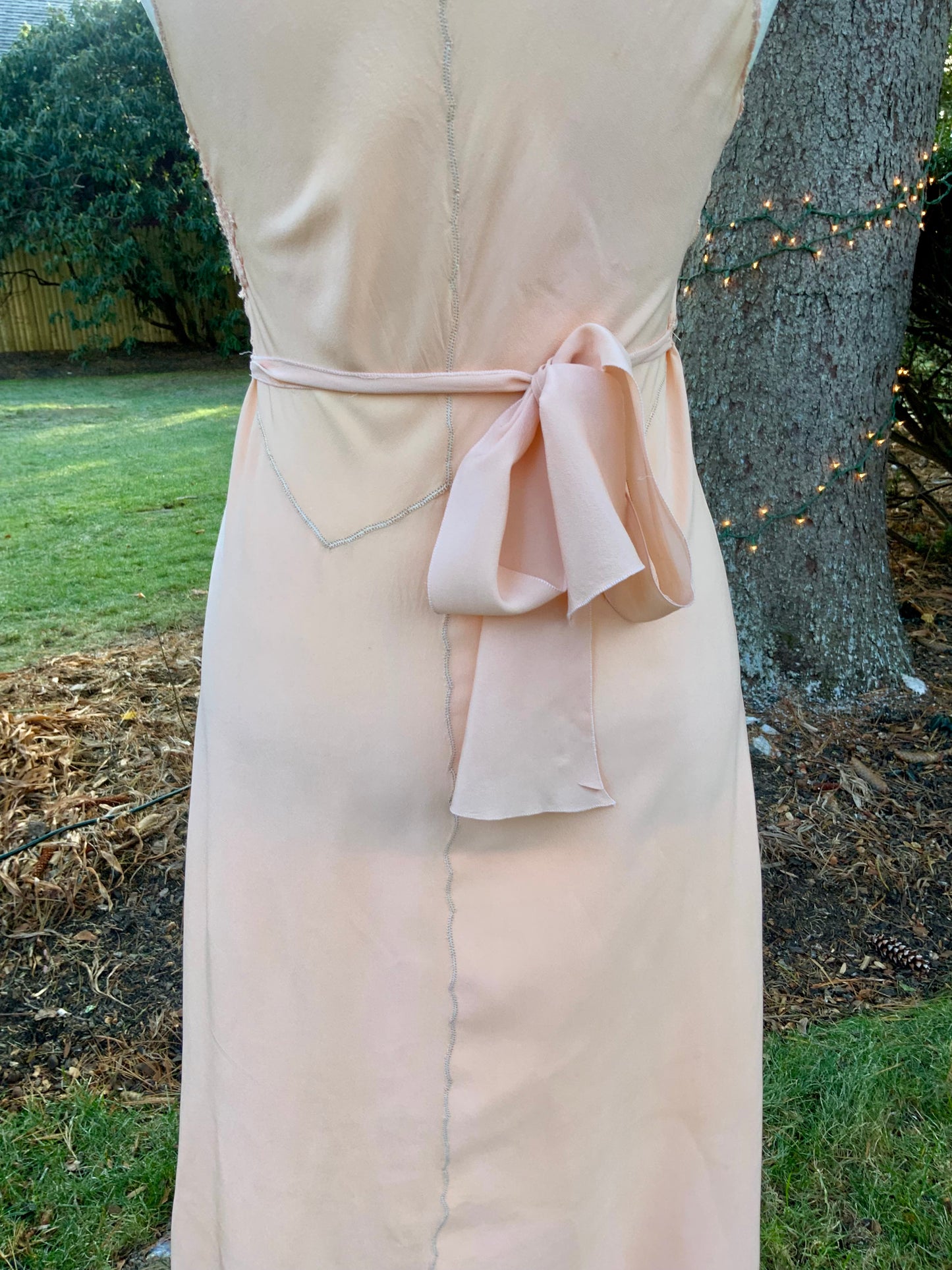 1930s Peach Rayon Nightgown with Art Deco Embroidery & Restored Lace Appliqués – Bias Cut Vintage Lingerie - 30AZ