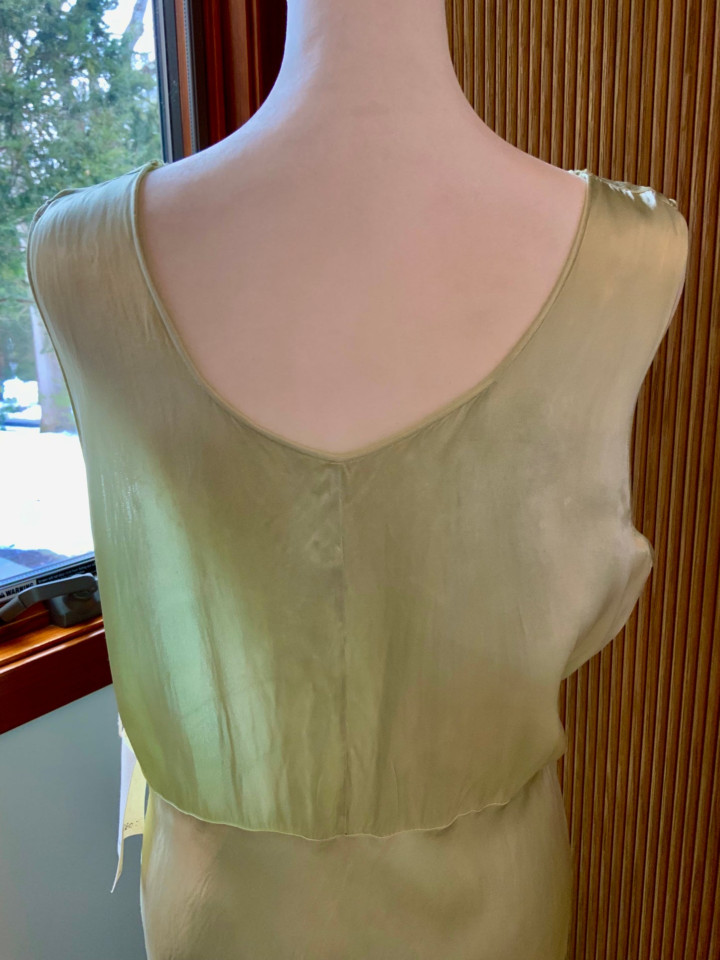 1930s Silk Satin Bias Cut Gown – Hand Dyed Celadon Mint – Vintage Lace Evening Slip Dress
40U