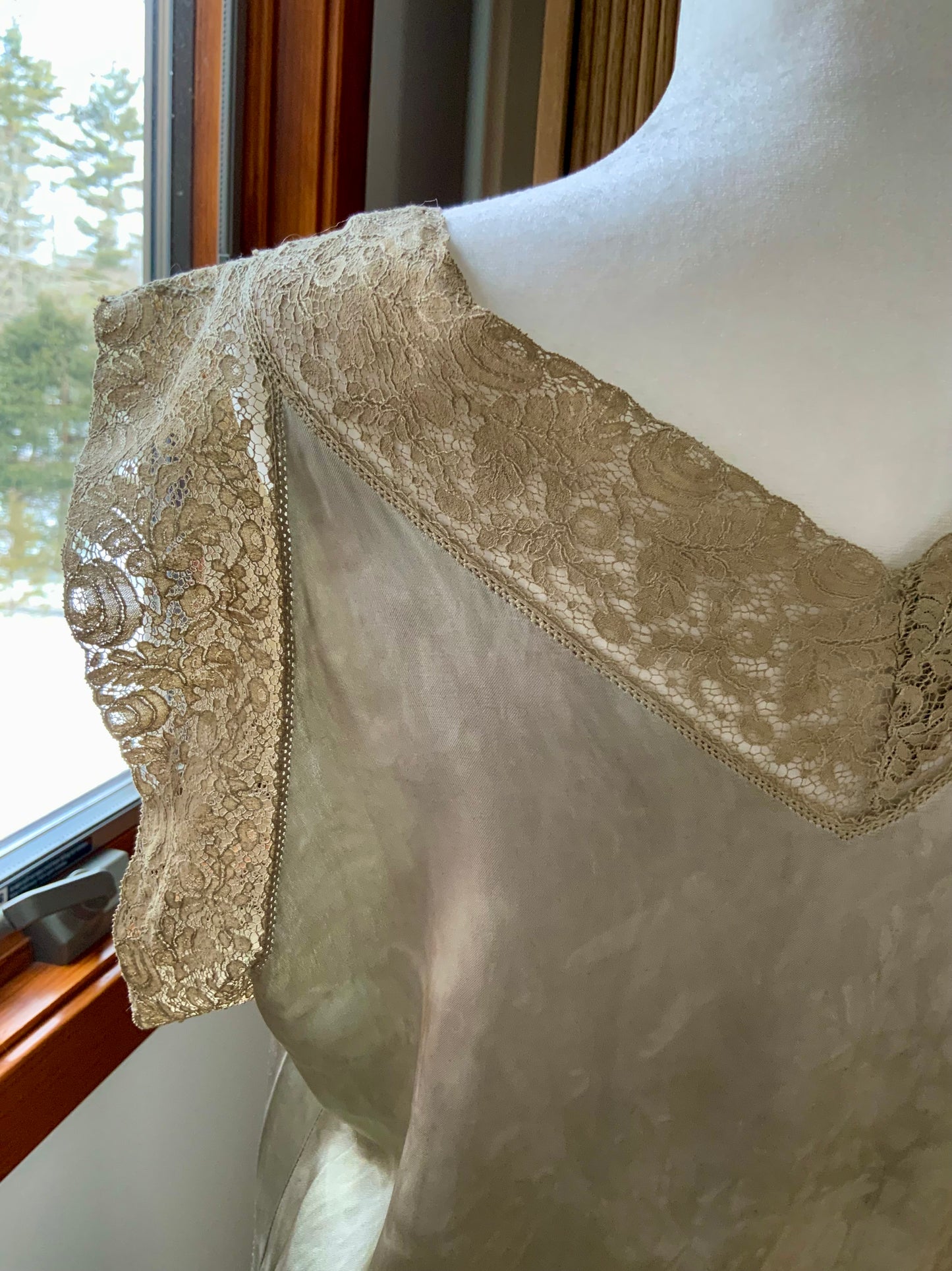 1930s Hand-Dyed Silk Satin Gown with Lace Cap Sleeves - 40AF