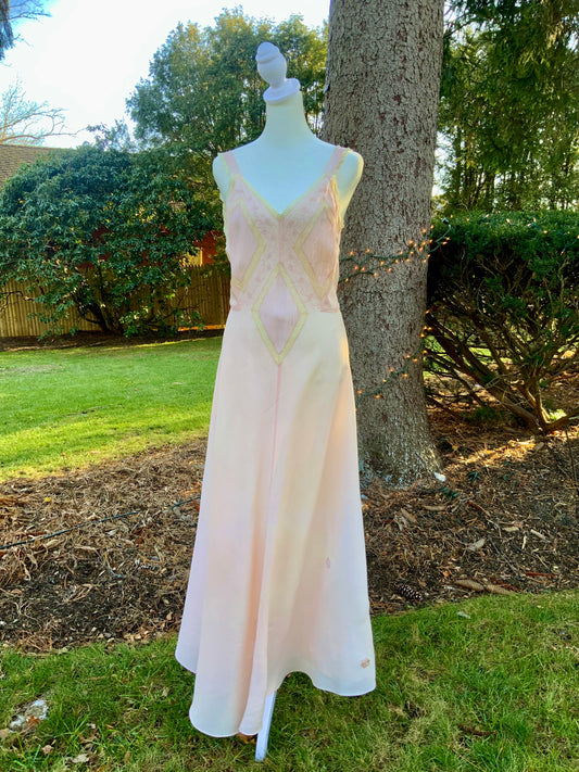 1930s Blush Rayon Nightgown – Art Deco Plissé, Embroidery & Lace - 30AY