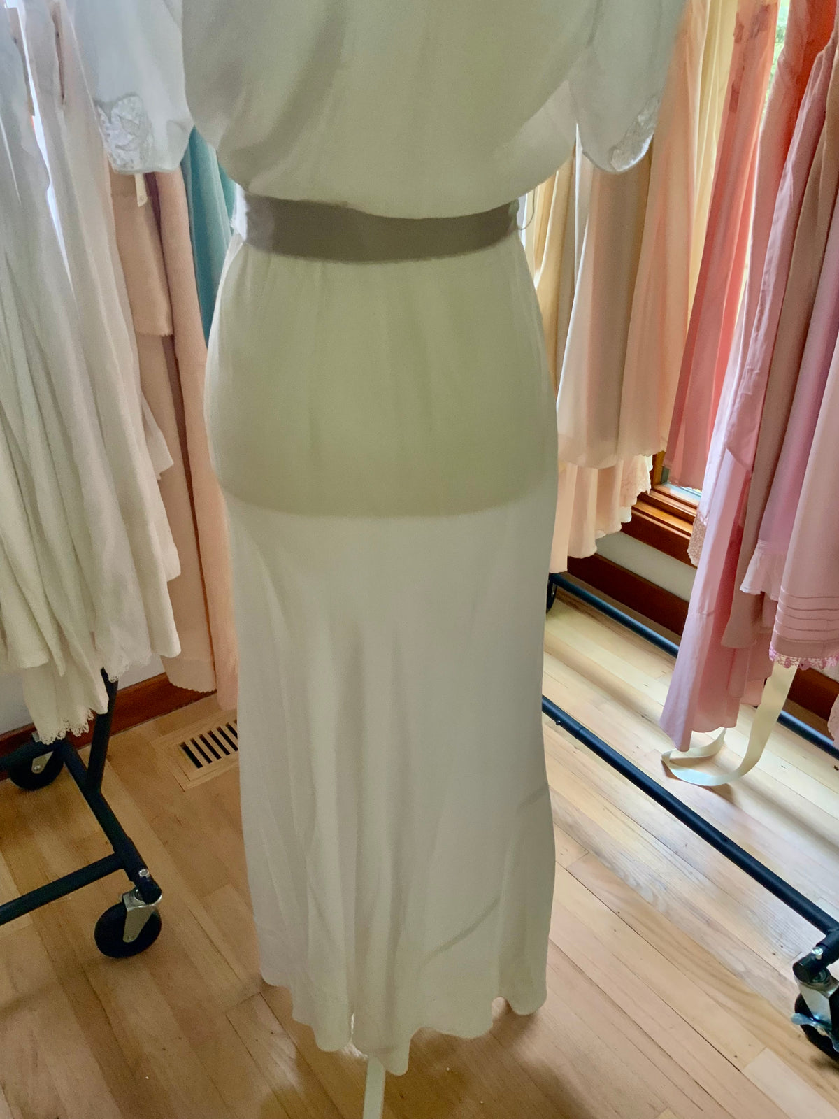 Circa 1930s–1940s White Satin Nightgown with Floral Lace and Ribbon Sash.