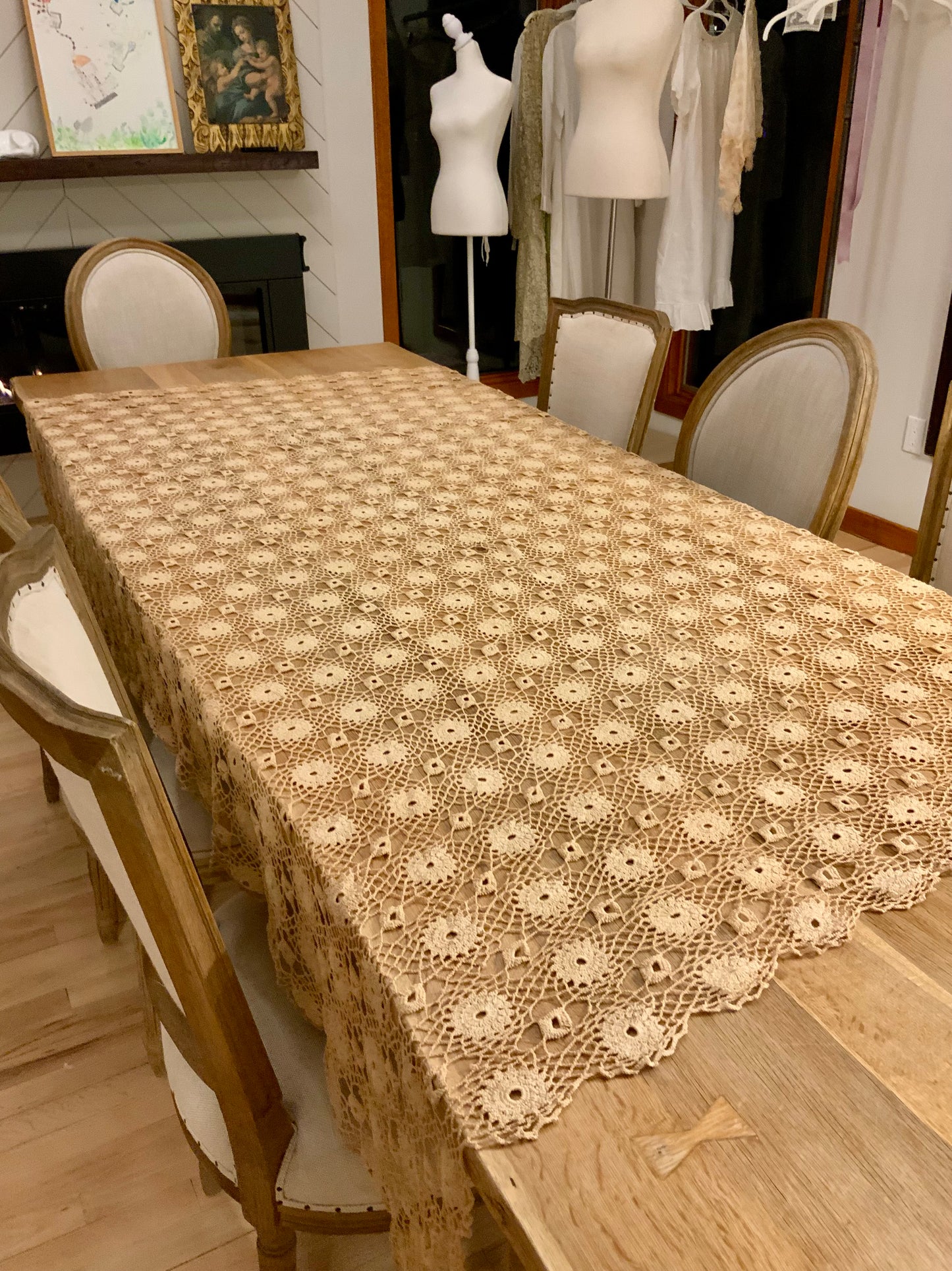 Large Antique Crochet Lace Tablecloth – Handworked Heirloom Textile – Decorative Statement Piece – Early 20th Century- Iconic Rare