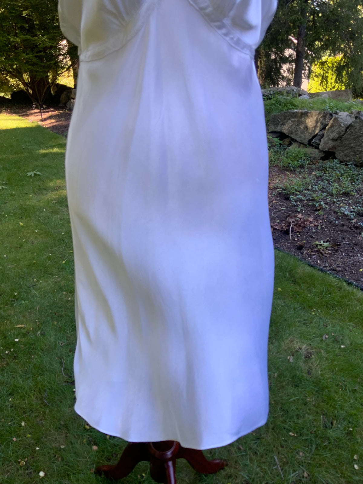 1930s White Satin Slip Dress Bias Cut Bridal Lingerie with Lace and Pleated Bust.40BU
