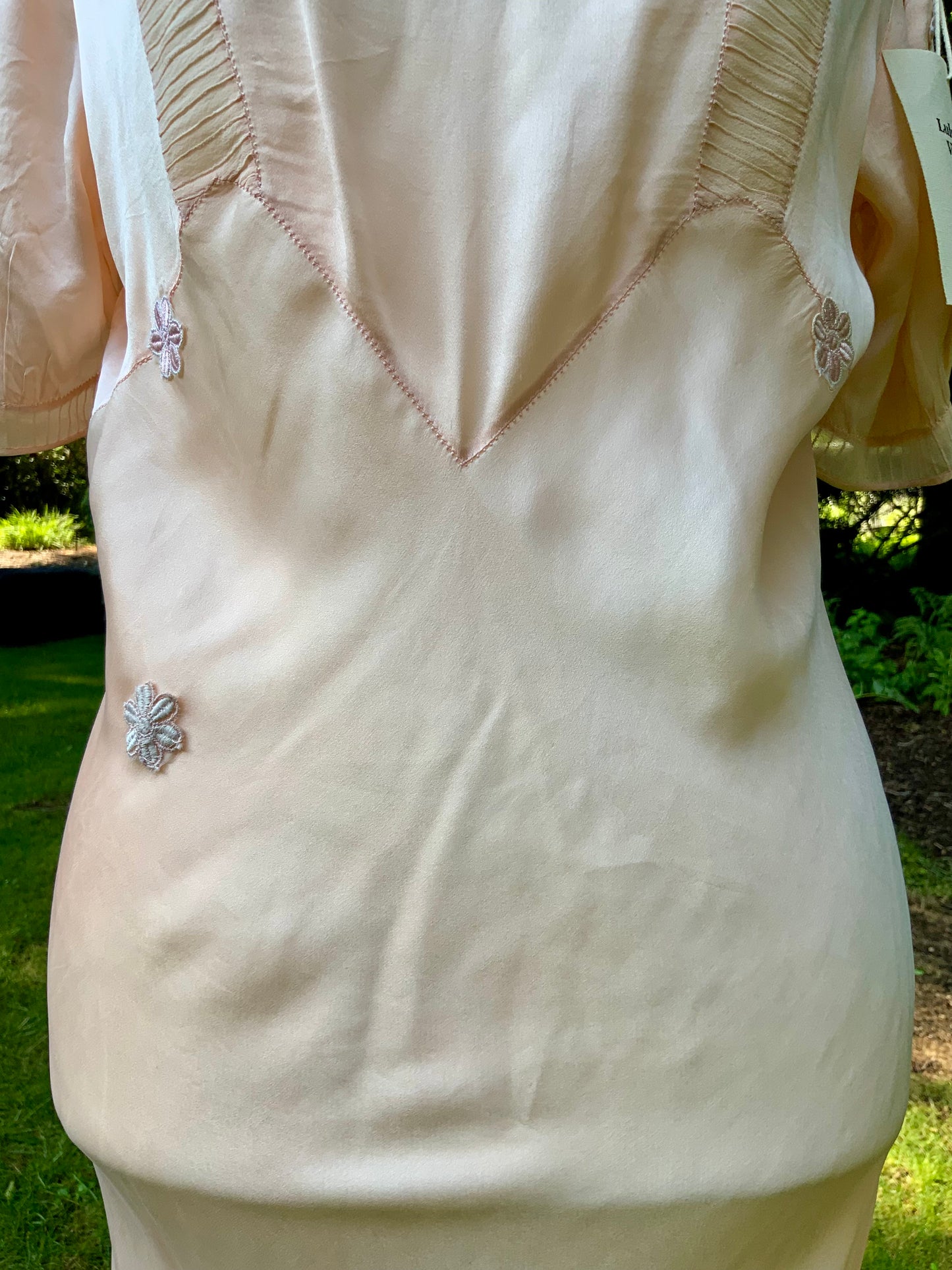 Rare Late 1930s Peach Silk Evening Gown. Pleated Bodice. Bias Cut. Restored Floral Details.30CY