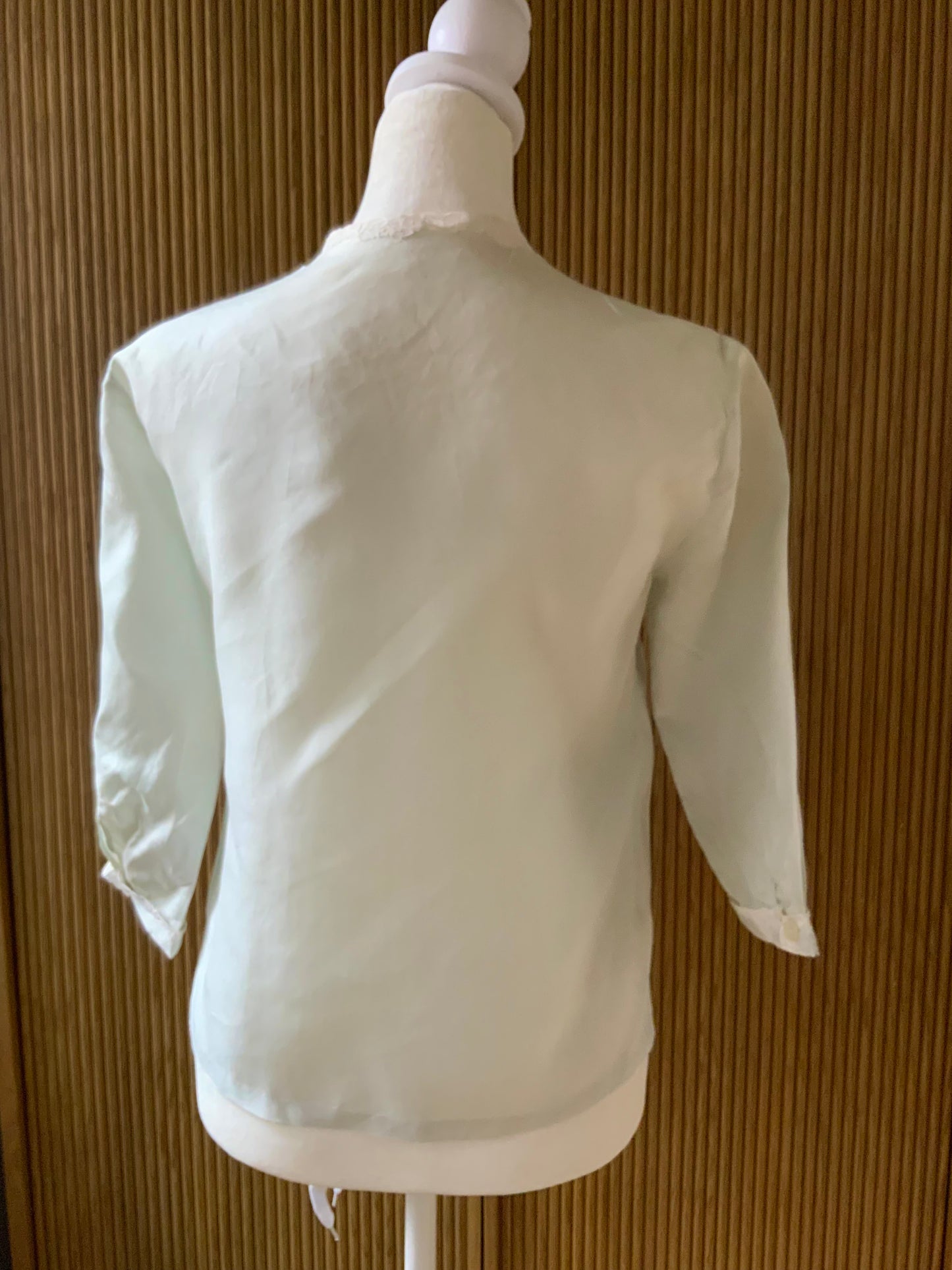 1940s Silk Satin Blouse with Lace Appliqué | Mint Green | Edwardian Revival-40AT