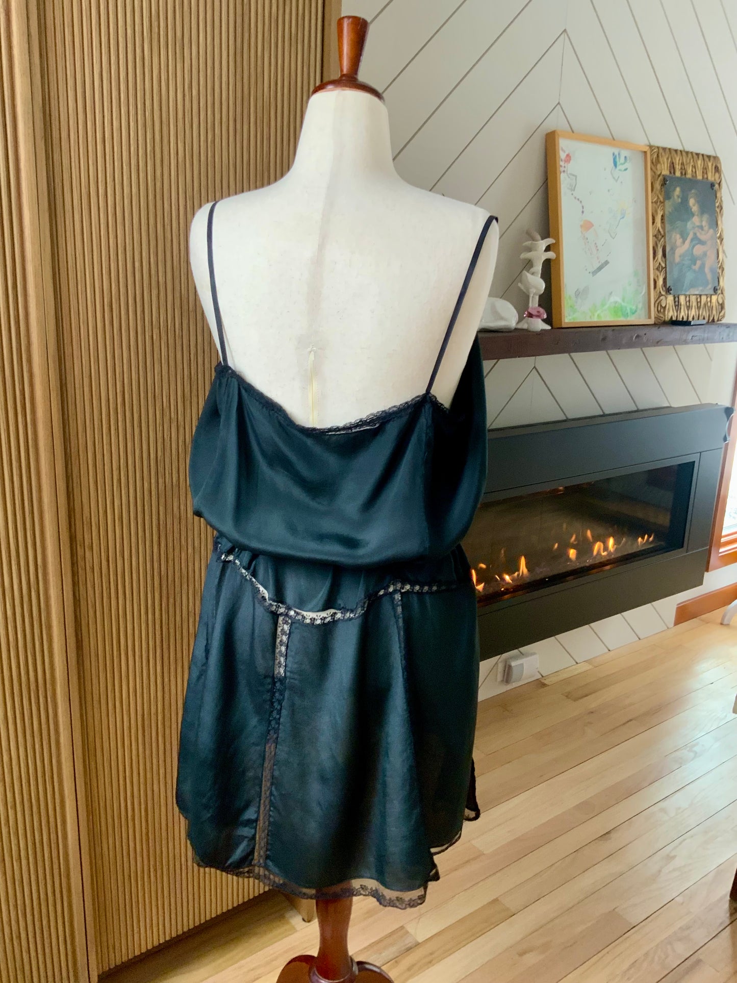 1920s–30s Pure Silk Boudoir Slip Dress — Black with Antique Lace Inset-XL-20AK