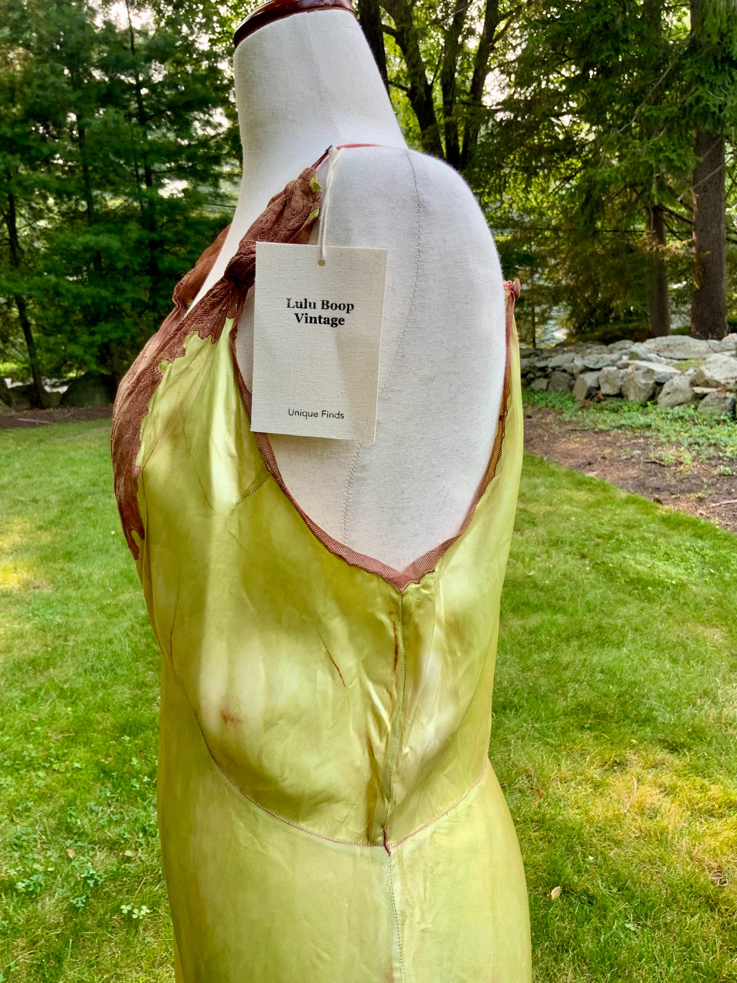 1930s Hand Dyed     Botanical Inspired Hand Dyed Silk Slip Dress. One of a Kind Woodland Fairy Bias Cut Gown.30BZ