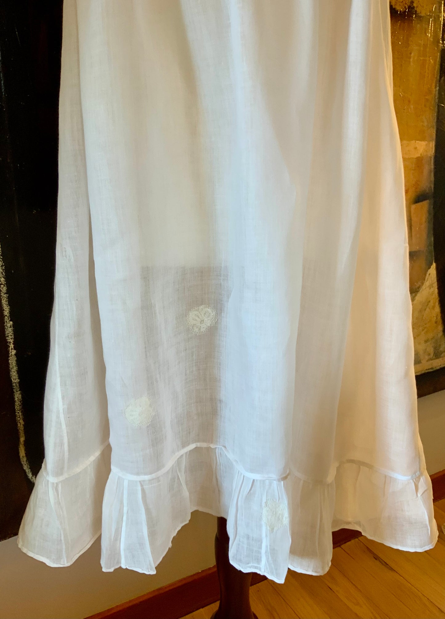 Antique Edwardian Cotton Nightgown “Carmela” Hand Repaired with Filet Lace Appliqués – Restored Heirloom Piece-ED81