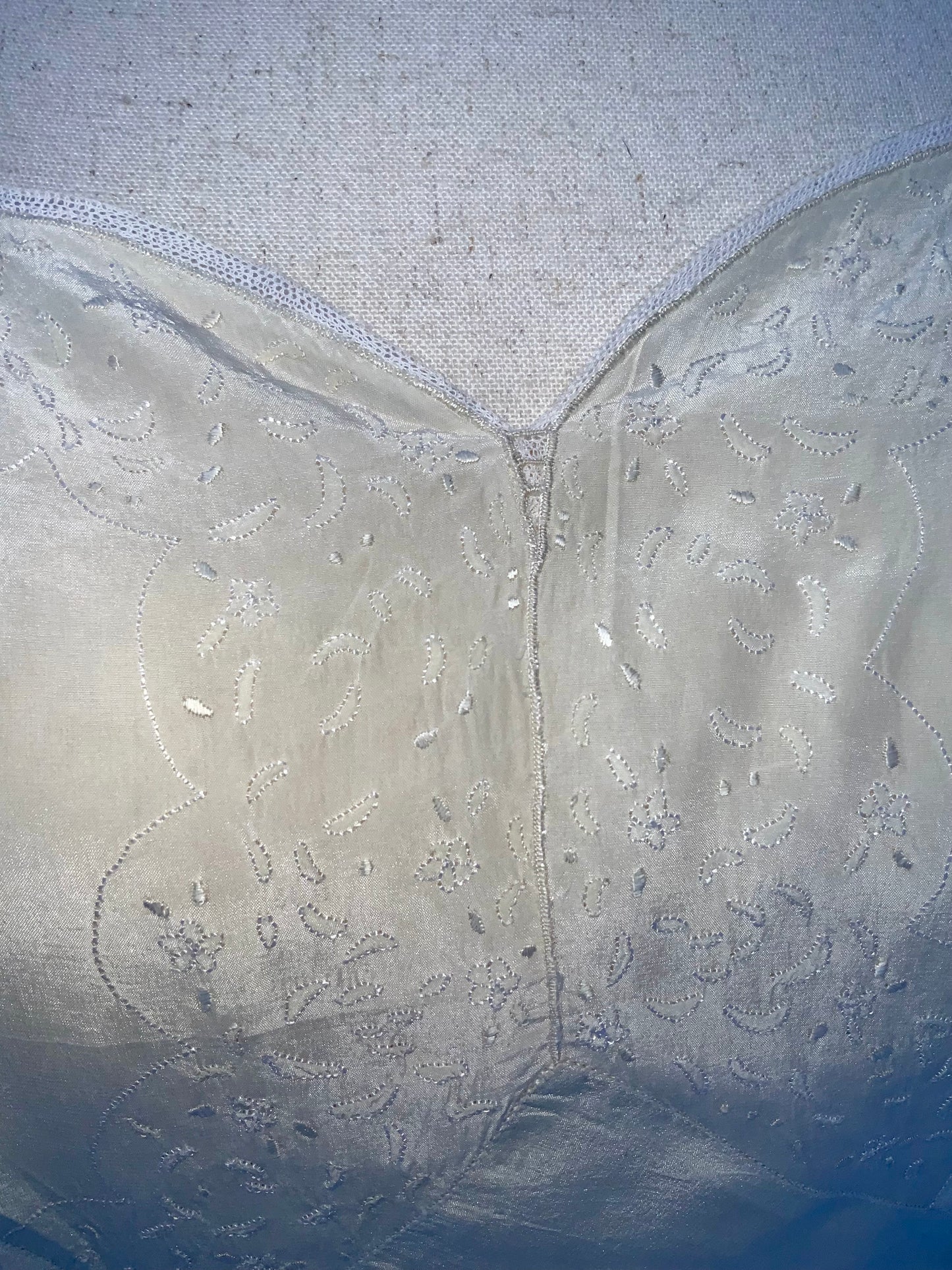 Antique silk lingerie slip, circa 1918–1922, featuring rare open-back drawstring construction and hand-embroidered bust panels- 20AR