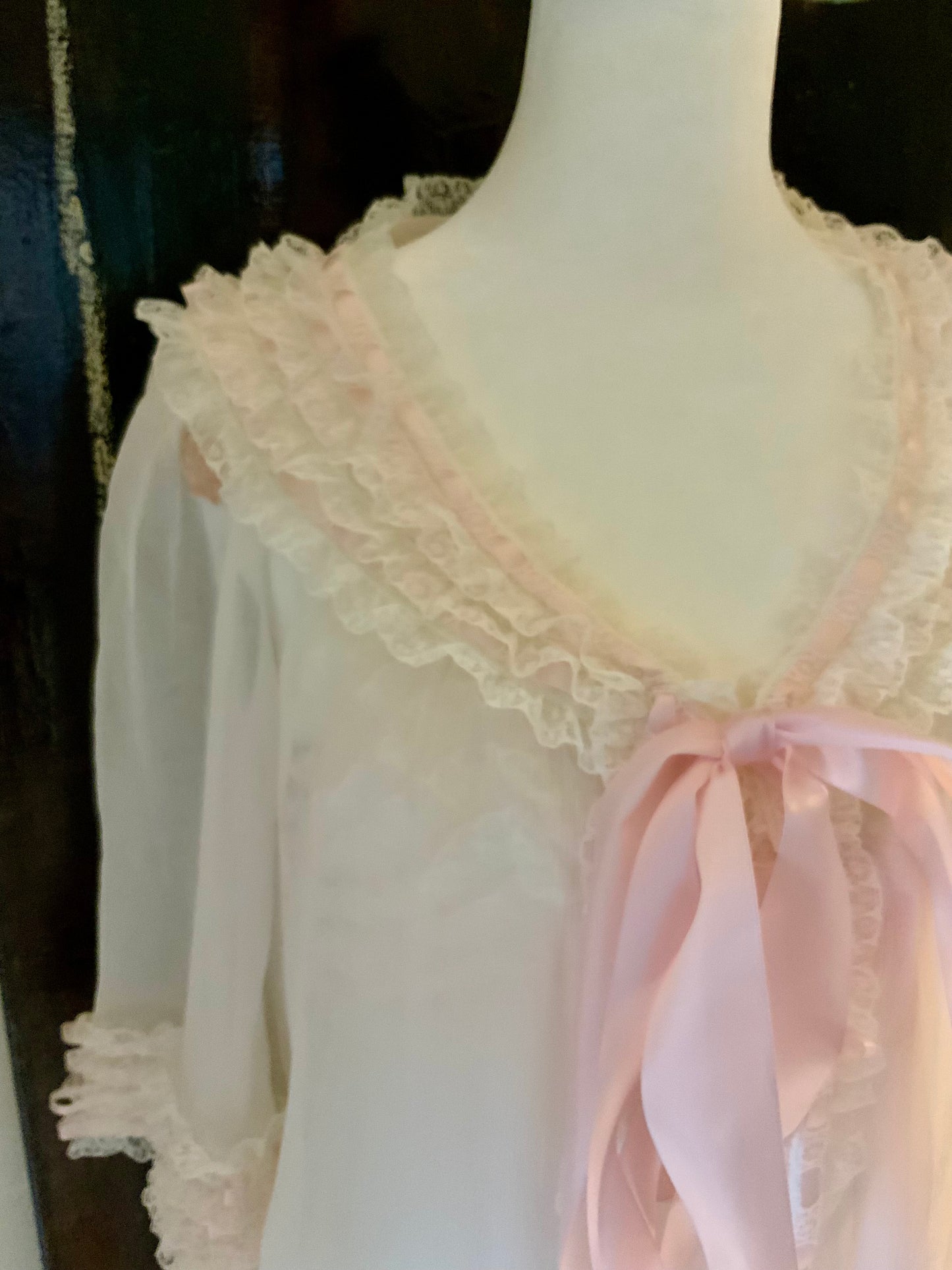 Vintage 1960s Dorothy Peignoir Set Sheer Nylon Robe Nightgown Lace Pink Ribbon Boudoir-60N