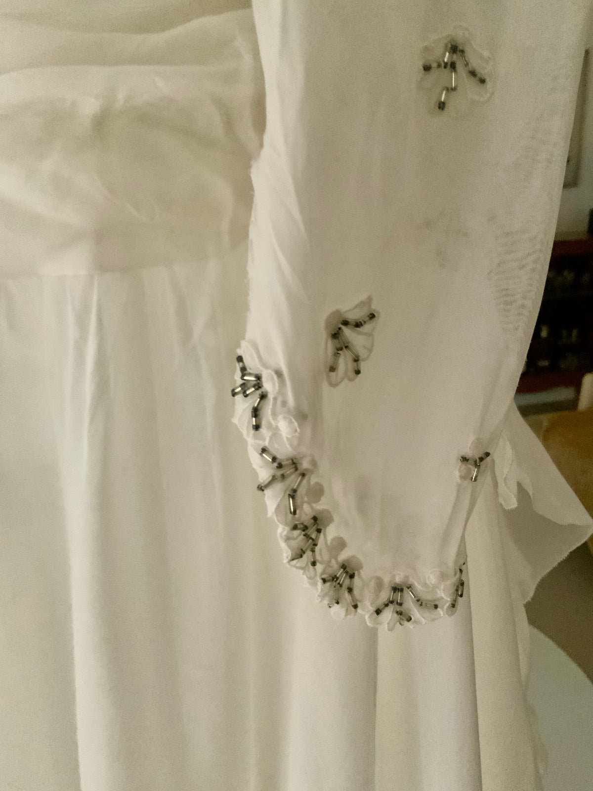 Circa 1940s Ivory Chiffon Wedding Gown with Beaded Shell Motifs and Lace Appliqués.40CH.