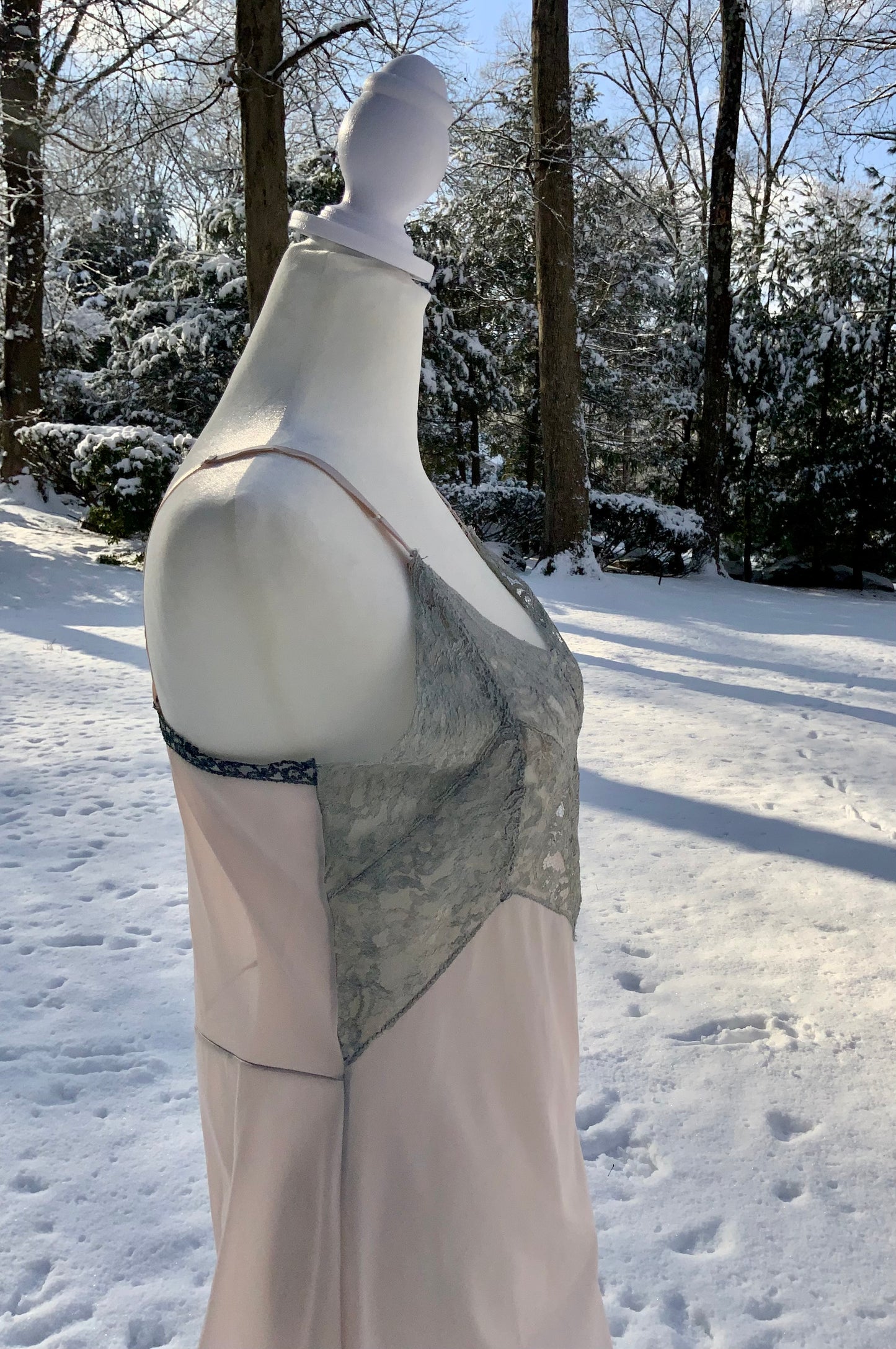 Late 1930s Myra Joy Nylon Slip Dress with Sage Lace Bodice | Art Deco Lingerie Gown-30BB