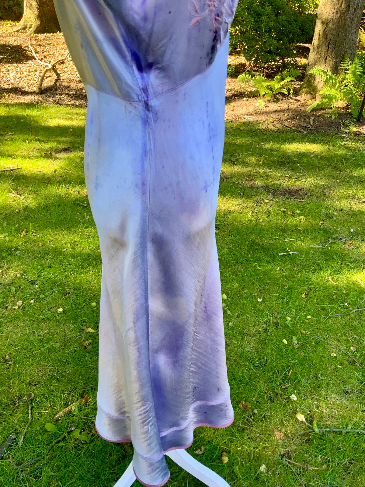 1930s/40s  Hand-Dyed Lilac Satin Slip Dress with Floral Embroidery.40BV