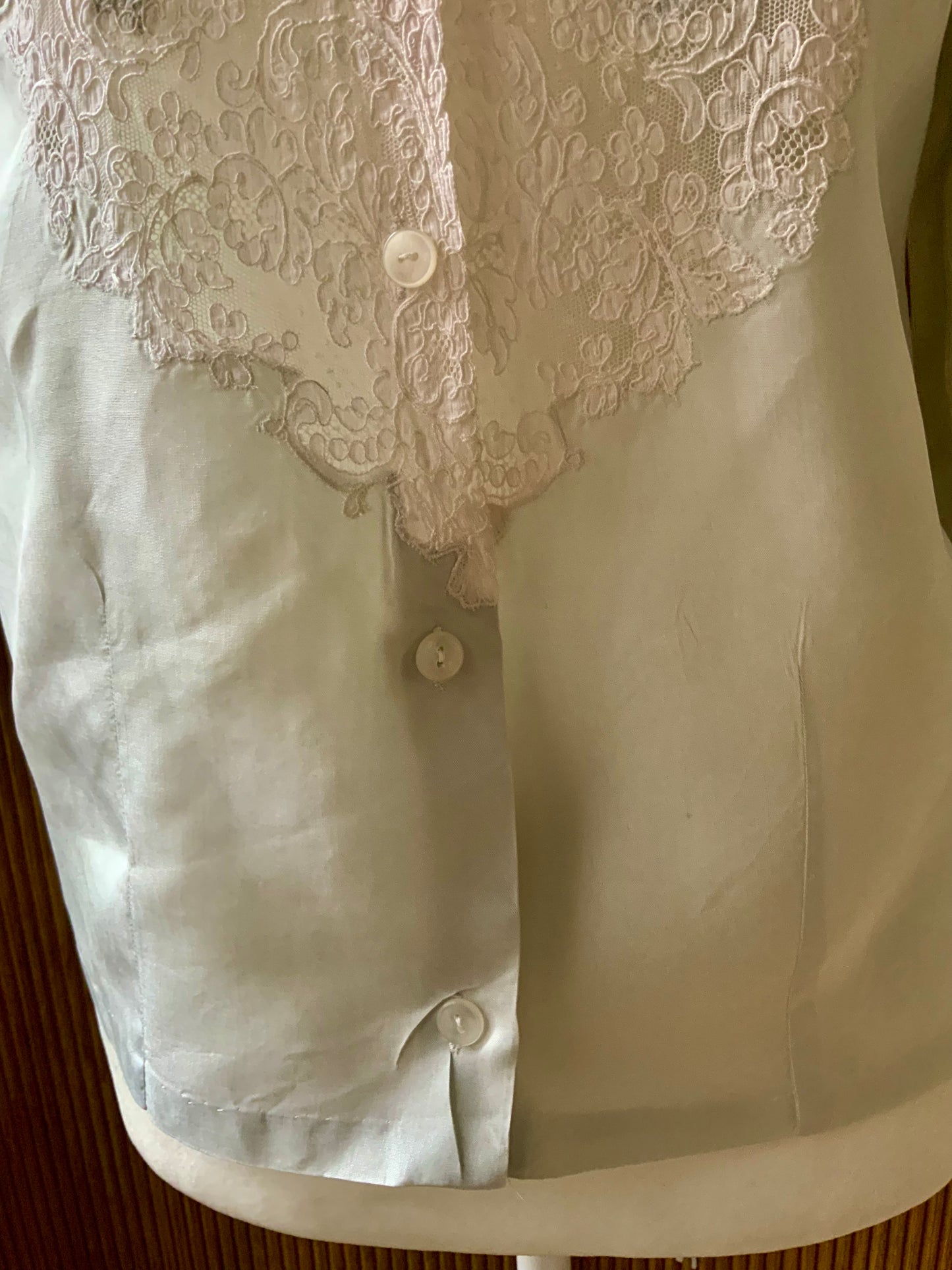 1940s Silk Satin Blouse with Lace Appliqué | Mint Green | Edwardian Revival-40AT